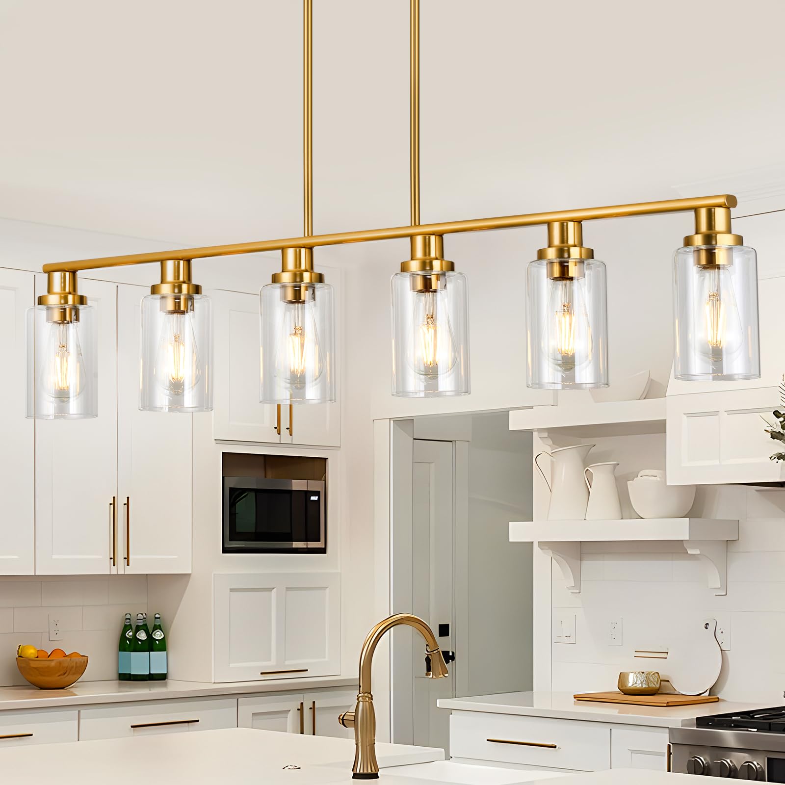 Kpiok Kitchen Island Lighting, 6-Light Modern Dining Room Light Fixture Over Table,44.3'' Vintage Farmhouse Gold Linear Chandelier, Industrial Pendant Lights For Kitchen Island With Clear Glass Shade