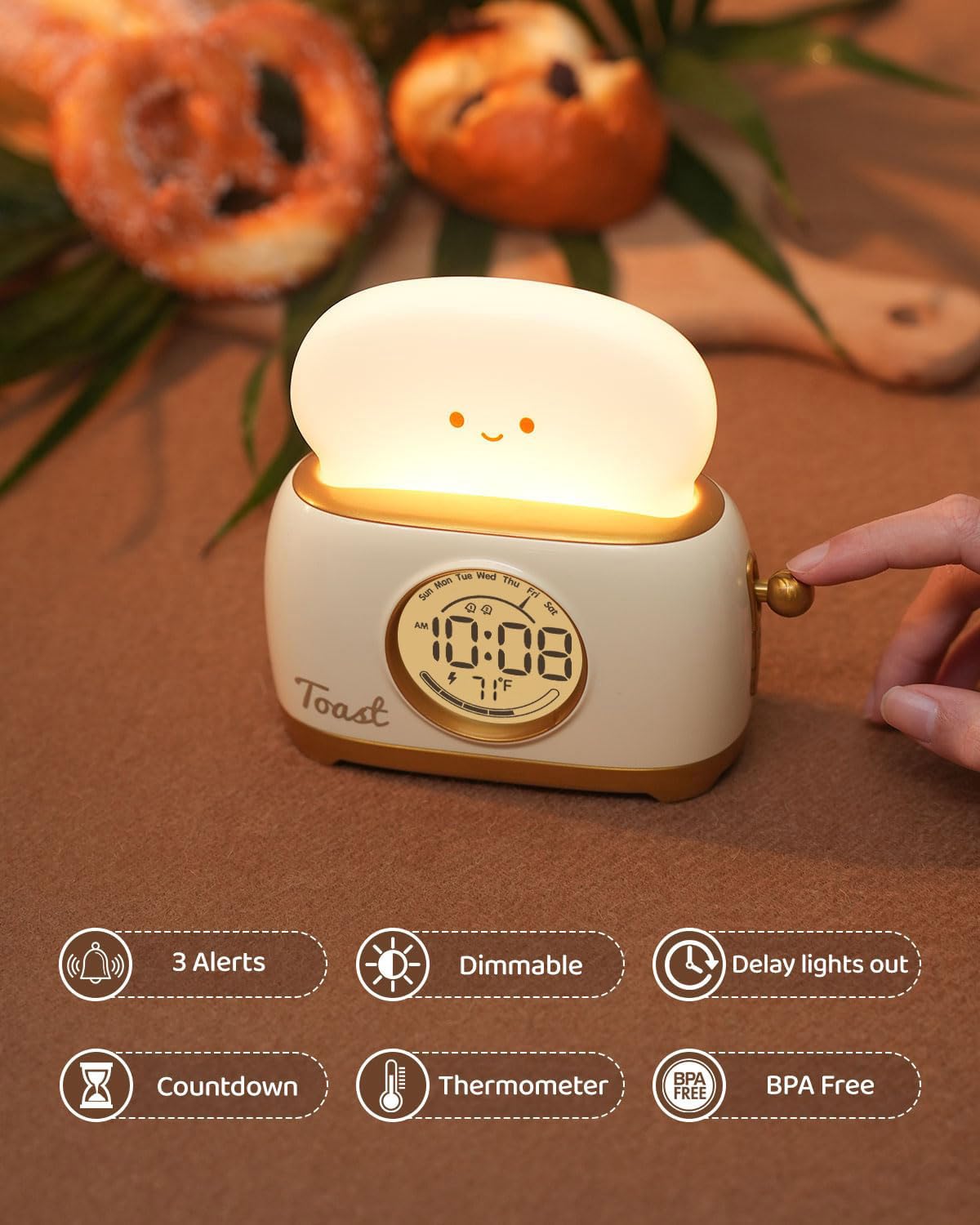 BANDIANCY Toast Night Light Alarm Clock - Cute Yellow Silicone Kids Sleep Trainer for Toddlers, Gifts for Boys & Girls, Bedroom Decor