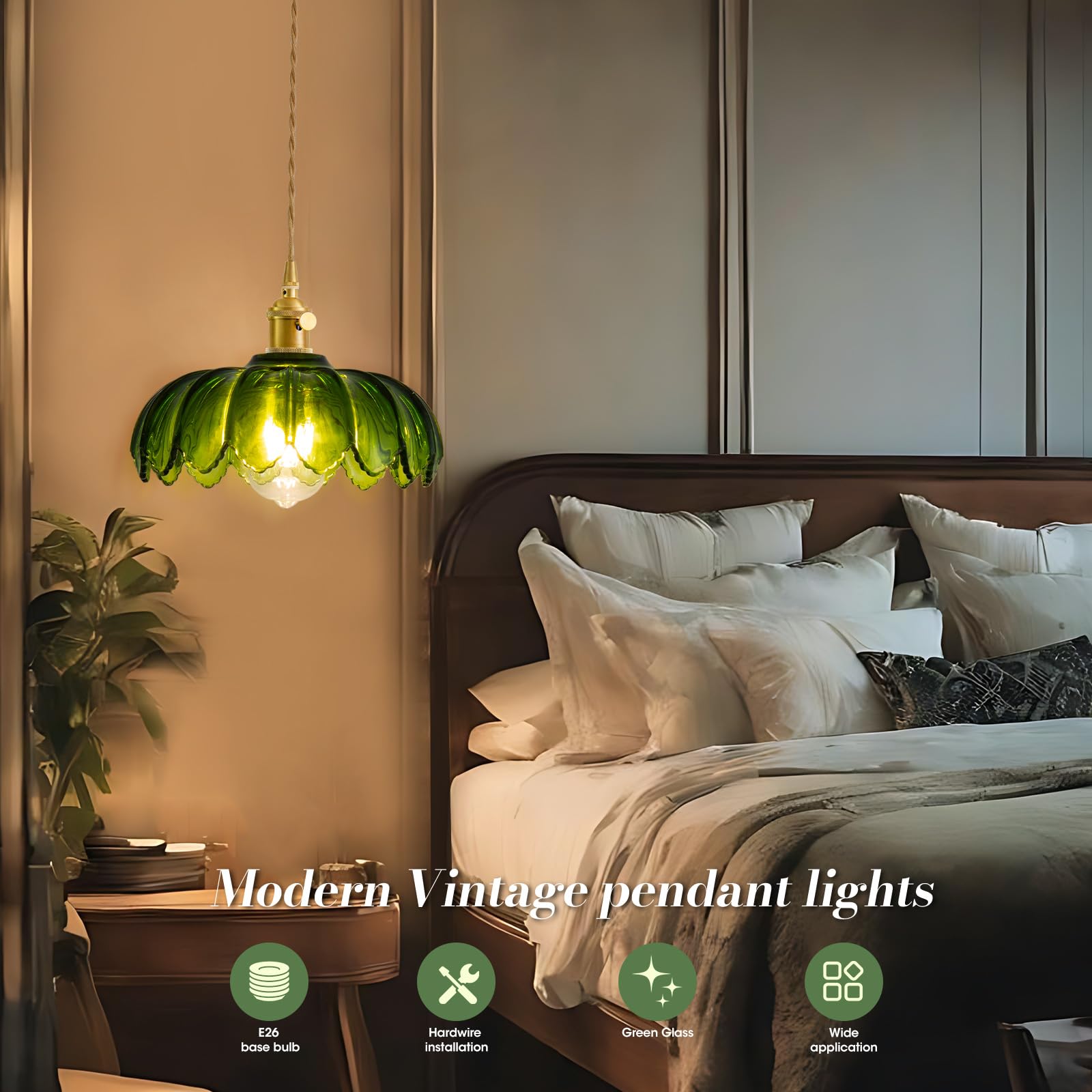 Beser·Win Green Glass Pendant Light - E26 Hanging Fixture with Plug-in Cord for Kitchen, Bedroom, Dining Room - Model PDL-006