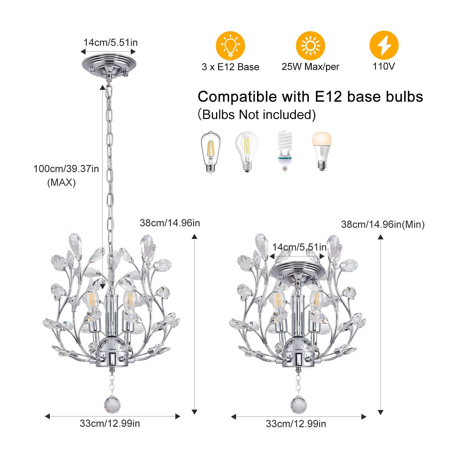 Ganeed 3-Light Vintage Crystal Chandelier, K9 Crystal Flush Mount Ceiling Light, Chrome, Model 1004-3C for Dining Room, Bedroom, Kitchen