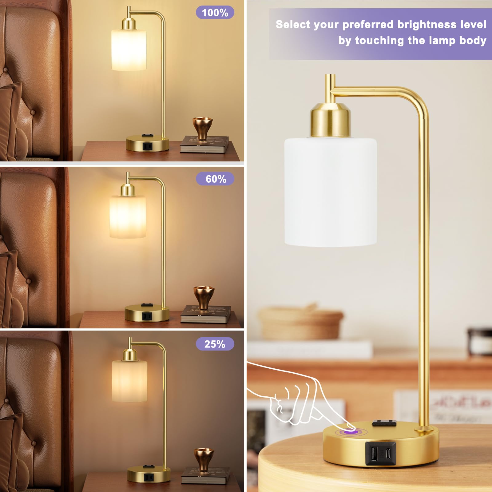 Innqoo Industrial Gold Table Lamps For Bedrooms Set Of 2-3-Way Dimmable Desk Lamp With Usb C+A Ports And Outlet, Gold Lamps With Opal Glass Shade For Living Room, Desk Lamps For Home Office