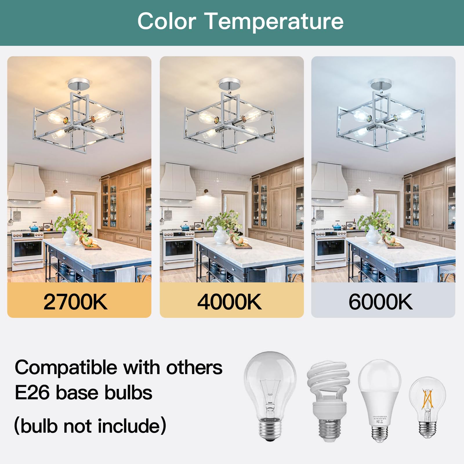 Zglaojt 4-Lights Ceiling Light Chrome Light Fixture Industrial Flush Mount Ceiling Light Farmhouse Chandelier Lighting For Kitch