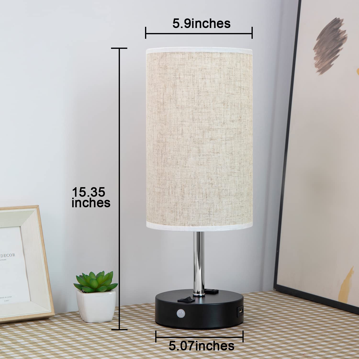 lifeholder Motion Sensor Lamp, USB Bedside Lamp with Warm White Bulb, Cream Fabric Shade, Model T39