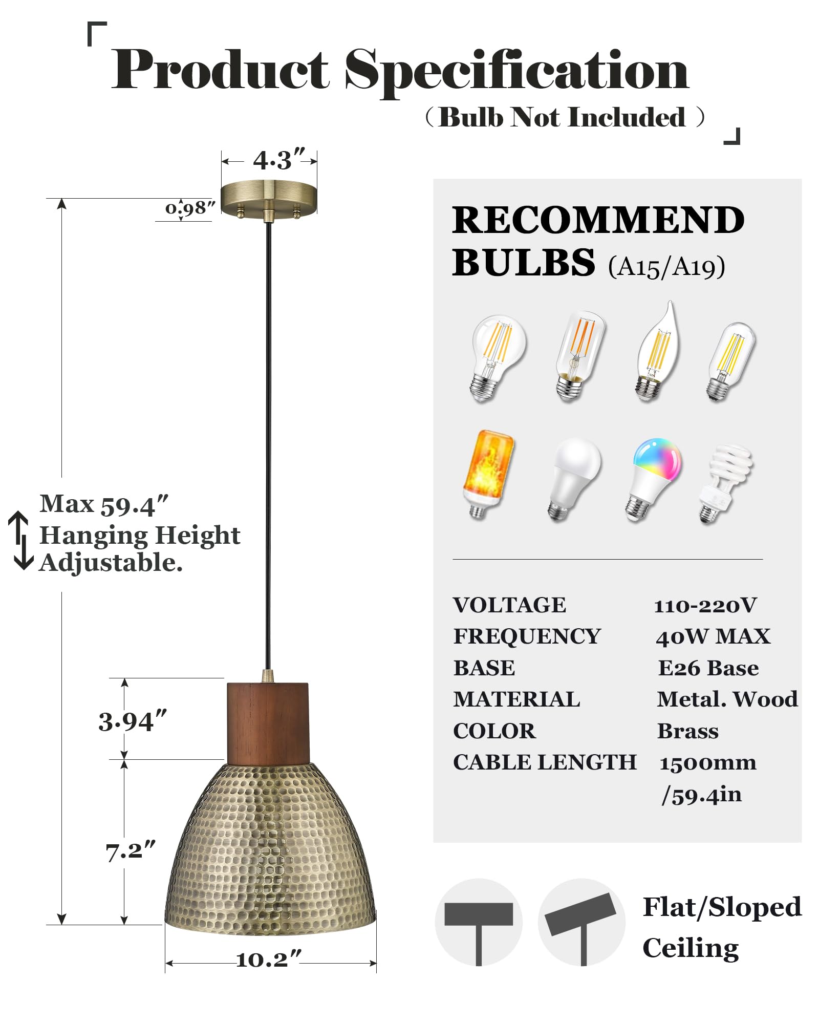 Elyona 2 Pack Hammered Pendant Light Fixtures, 10.2'' Vintage Metal Solid Wood Hanging Bar Lamp, Mid Century Antique Gold Pendan