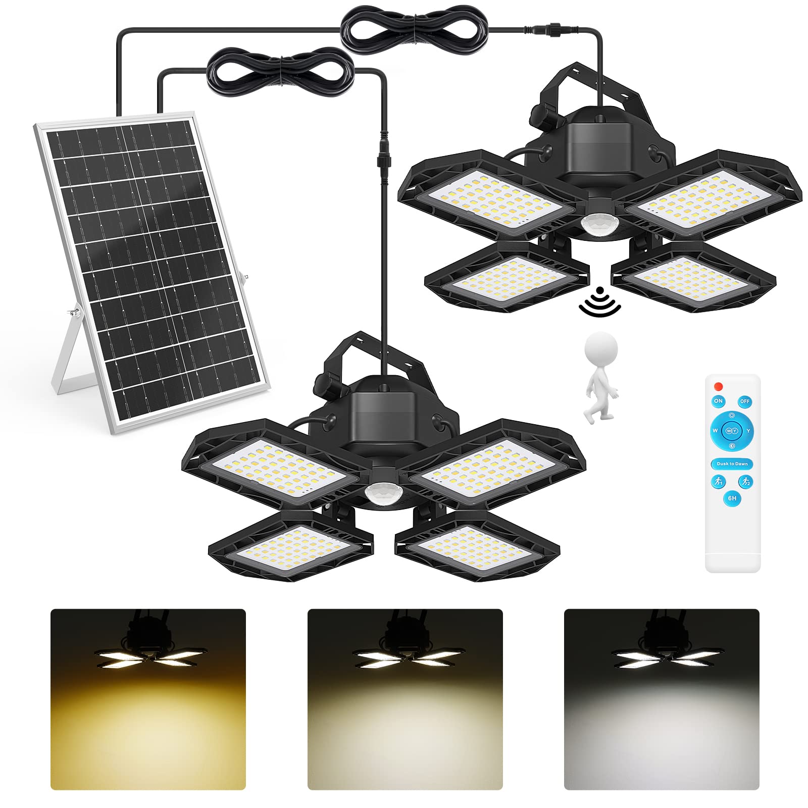 NIORSUN Solar Outdoor Lights Solar Lights Indoor Motion Sensor Pendant Light 3 Colors 4-Leaf 4 Modes with Remote  2x16.4ft Wire Waterproof Security Lamp for Garage Shed Home Barn Shop Gazebo(2 Pack)