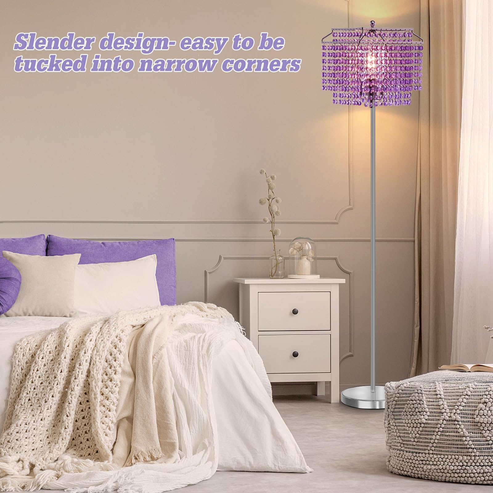 Crystal Floor Lamp Purple, 64'' Tall Standing Lamps With Double-Layer Lampshade, Elegant Floor Lamp With On/Off Foot Switch, Sta