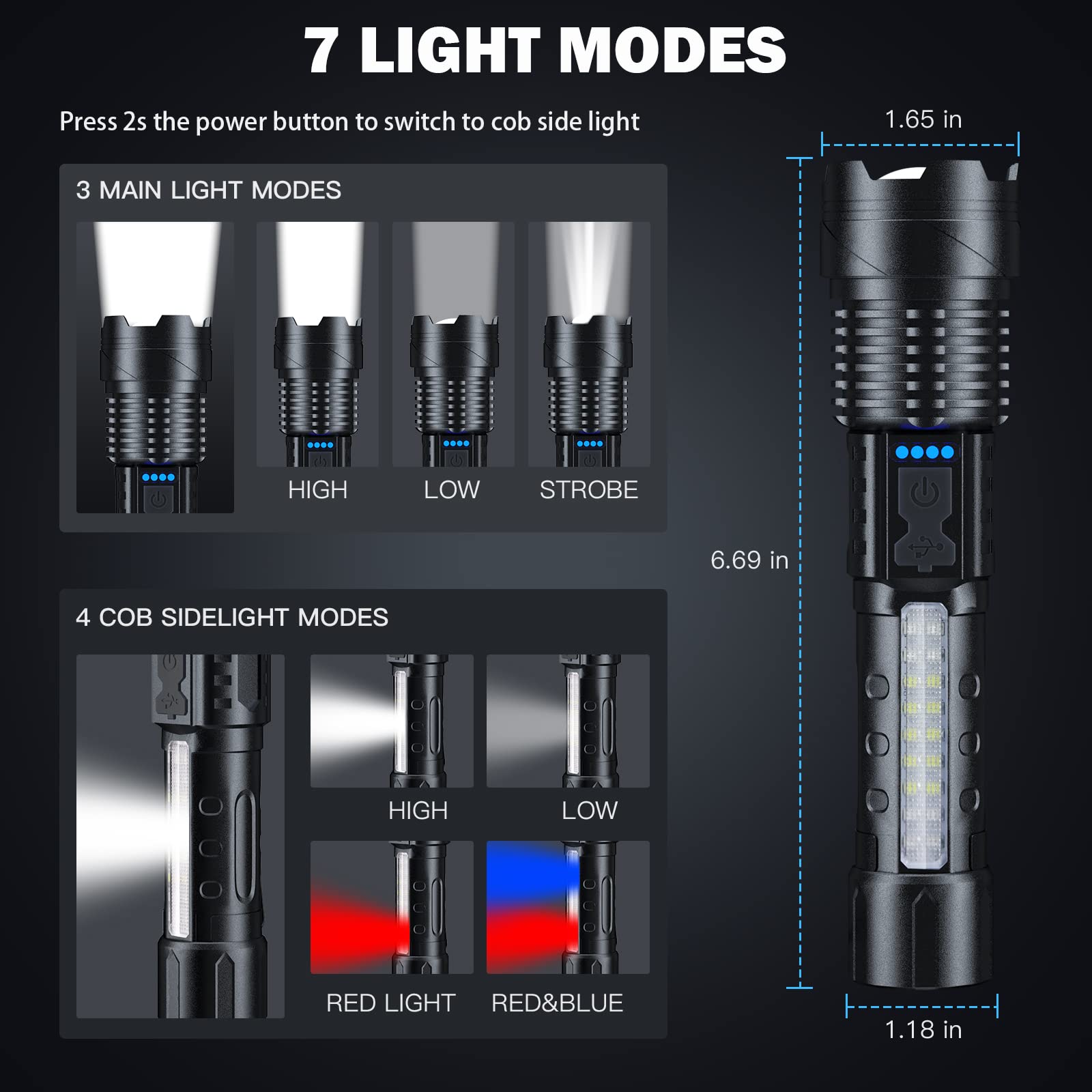 Cinlinso Flashlight 150000 Lumen Rechargeable LED 2 Pack, IPX6 Waterproof, Aluminum, Black, Model P119-cob