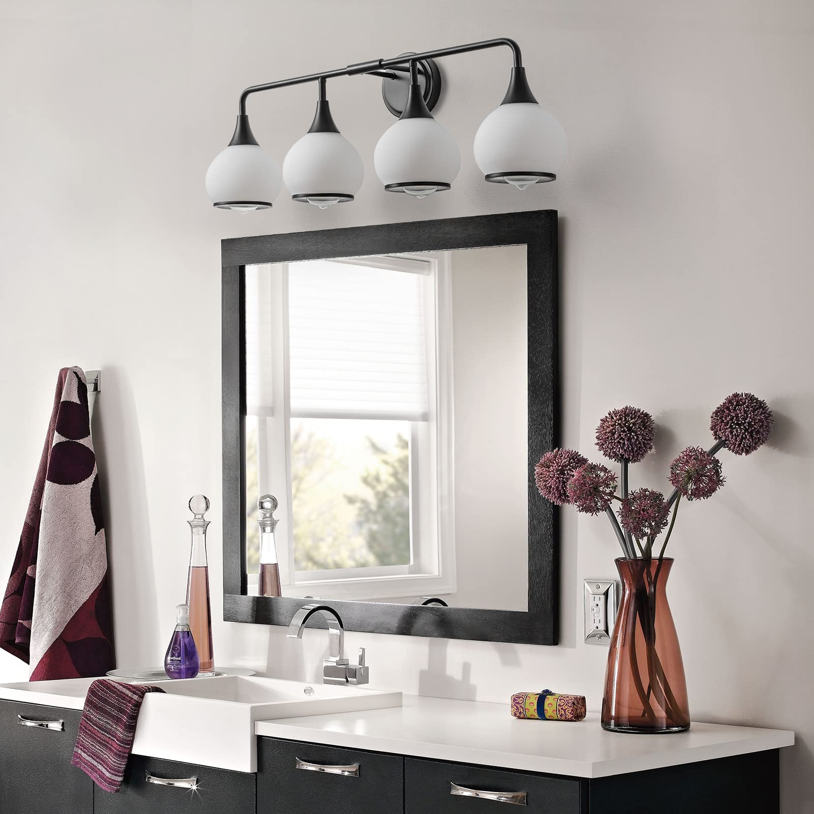 Hahzt Black Bathroom Light Fixtures 4-Lights Vanity Lights With Milky White Frosted Glass Shade Bathroom Vanity Light 30.7 Inch