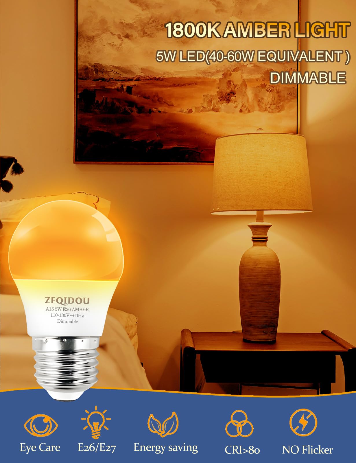 Zeqidou Amber Sleep Light Bulbs Dimmable, Blue Light Blocking, A15 E26 5W(40 Watt Equivalent) Dim Light Bulb,1800K Warm Light Bu