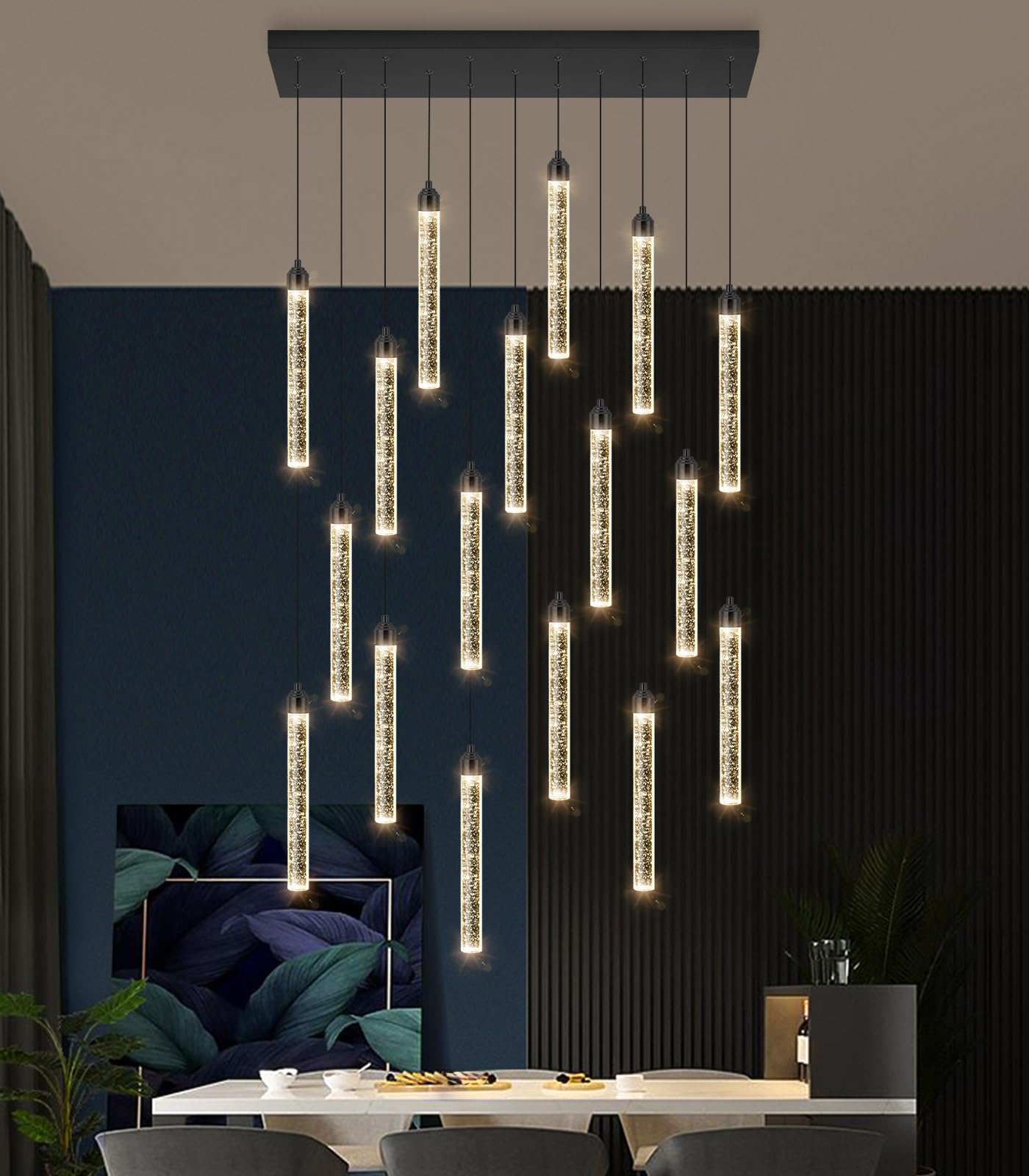 Dolria Rectangular Chandelier, 17-Lights LED Pendant Light, Dimmable, Black Metal, Model PC0008-CT-17B, Ideal for Entryway & Living Room