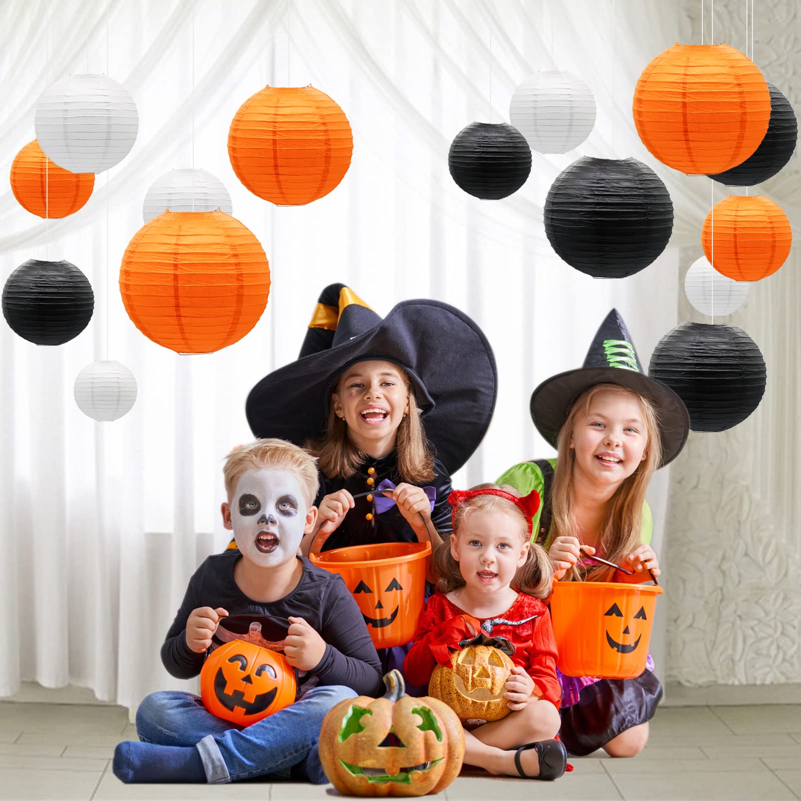 ADLKGG Paper Lanterns Decorative 9pcs Round Hanging Lanterns Metal Black/Orange/White for Halloween Thanksgiving Party