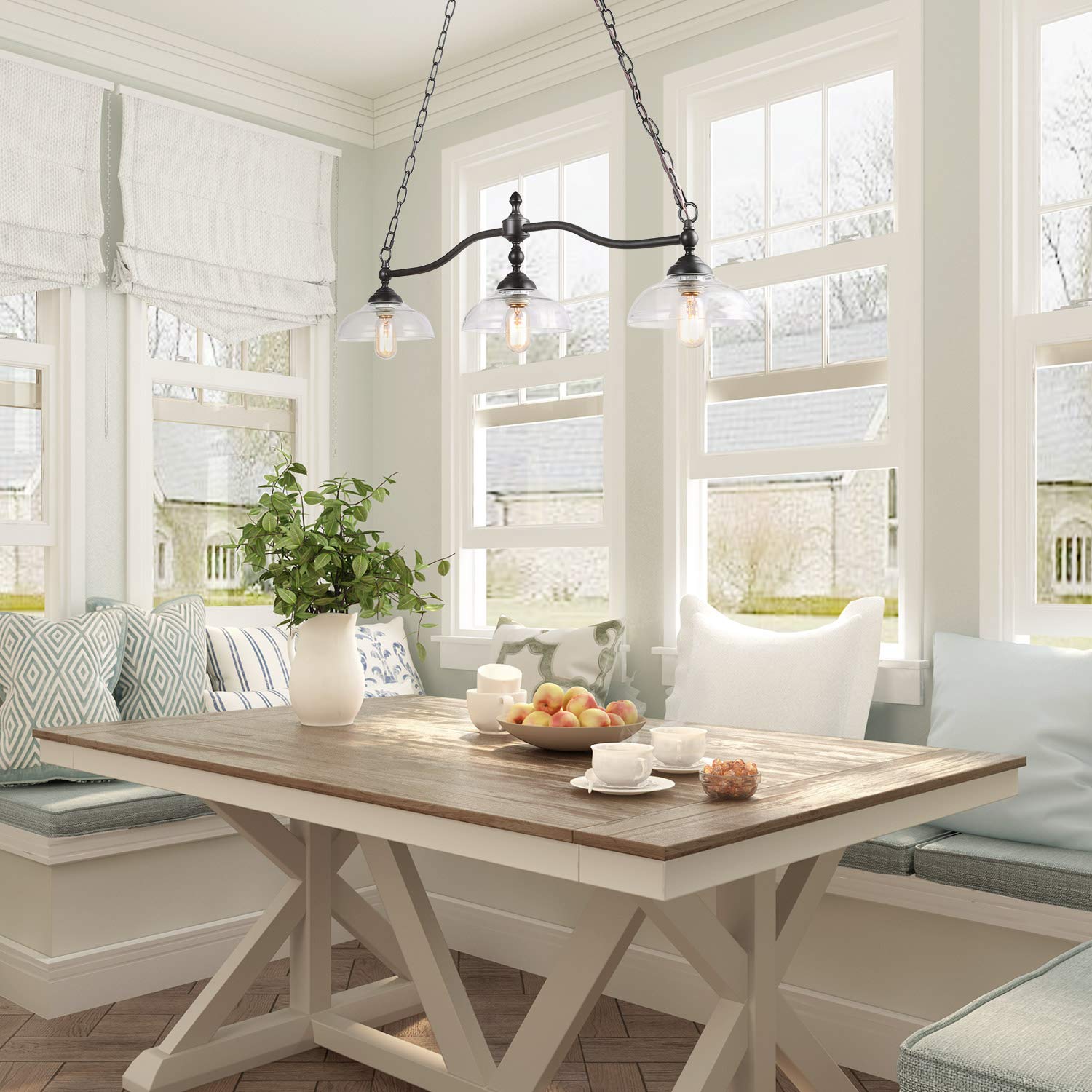 LOG BARN Farmhouse Chandelier, Rustic Black Metal with Clear Glass Shades, Adjustable for Dining Room, Kitchen Island