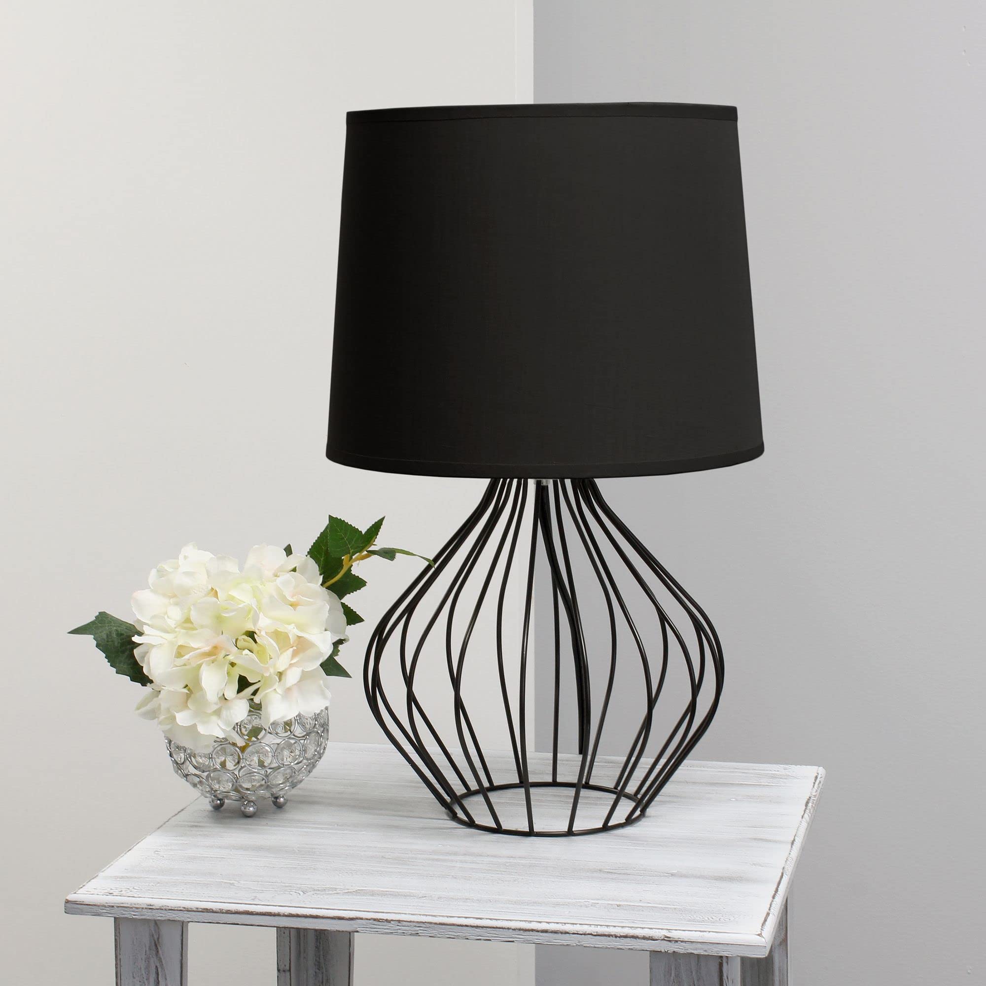 Simple Designs Bedside Table Lamp, Geometrically Wired, Iron, 12.25inL x 12.25inW x 19.75inH, Black Base and Shade, Model LT2086