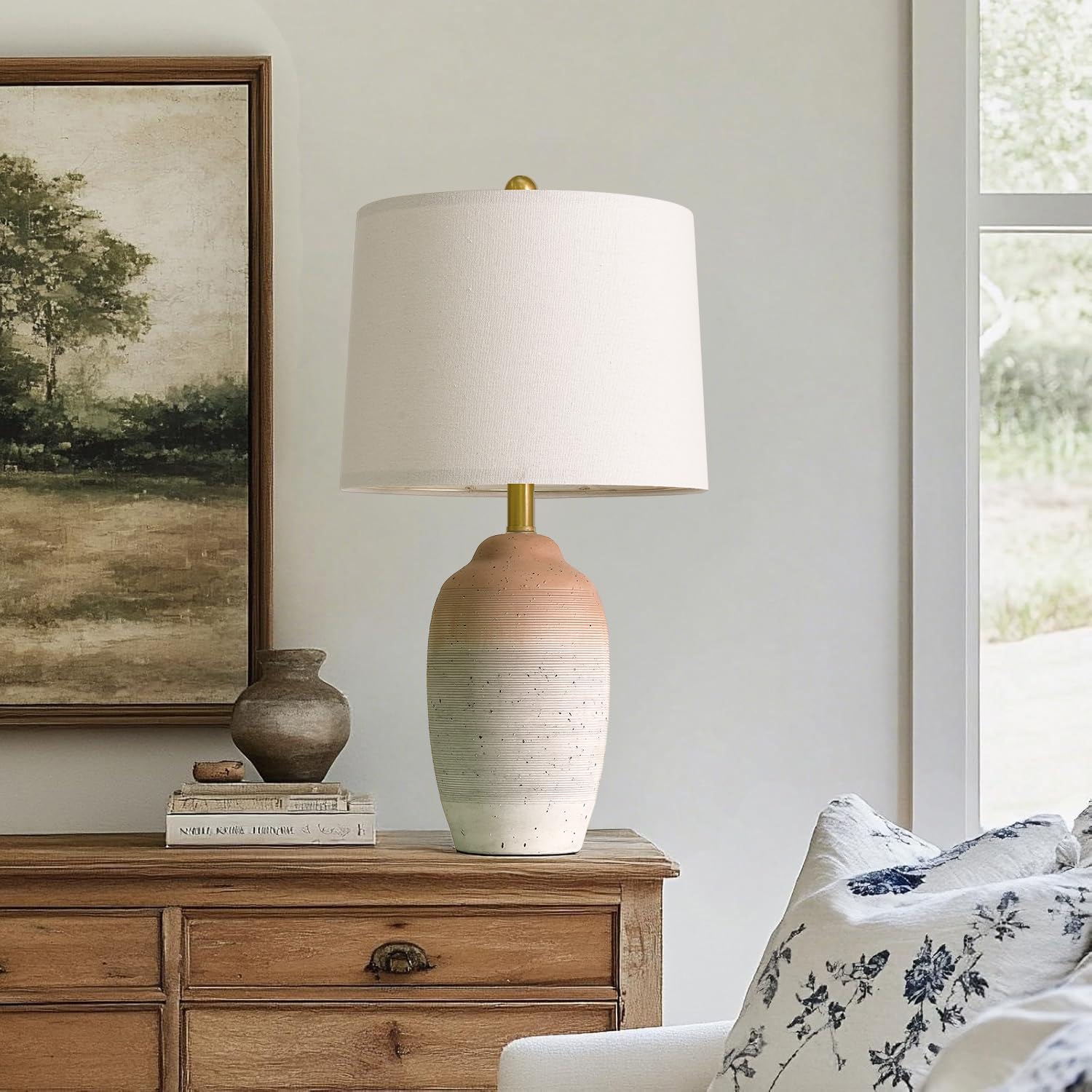 USumkky Vintage Ceramic Table Lamp - 24.5in Brown to White Gradient - Rustic Nightstand Lamp for Bedroom, Living Room, Office