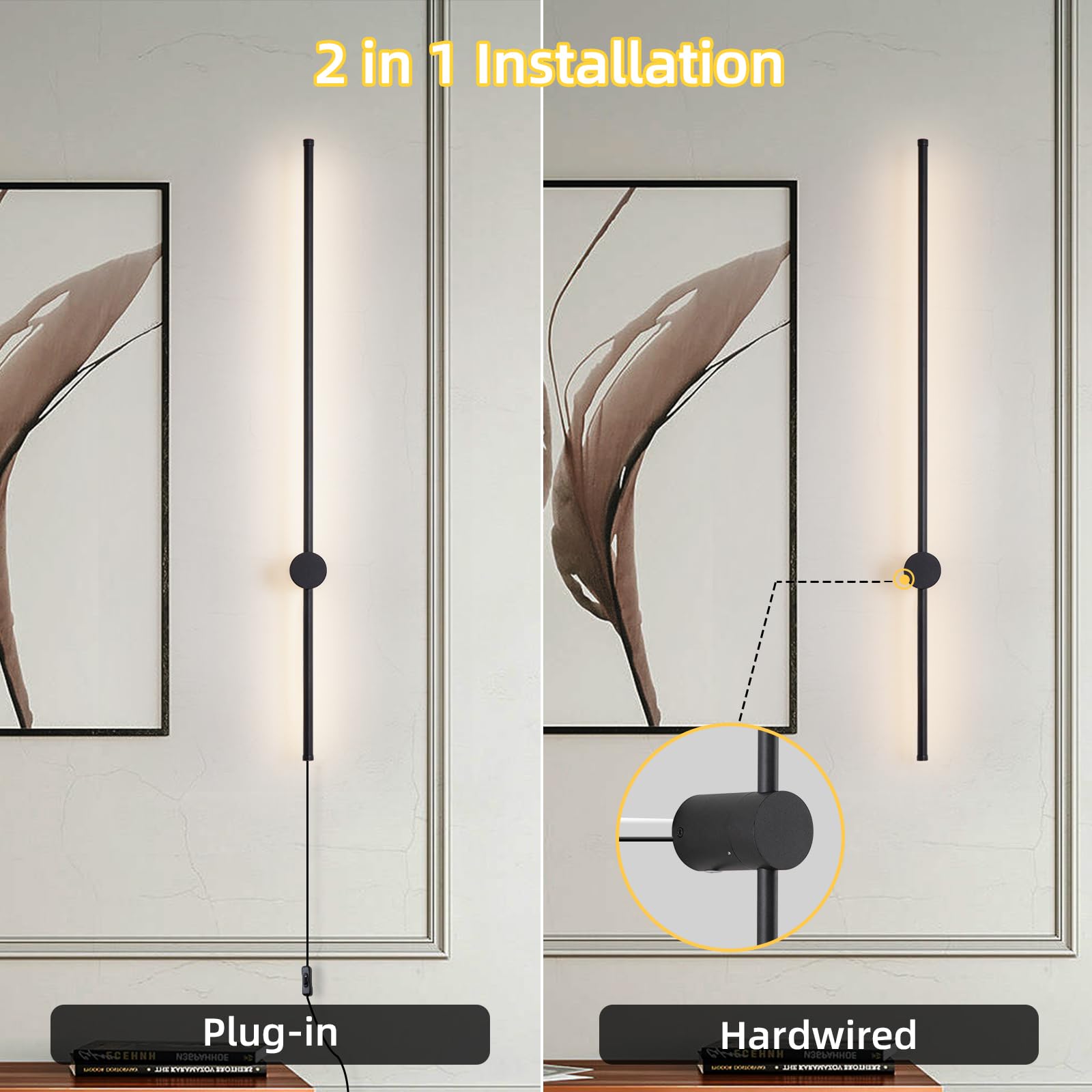 KELUOLY Dimmable Wall Sconce Set of 2, 39.37" LED, Adjustable Brightness, Black, Model RYDCT-HS100, Ideal for Living Room