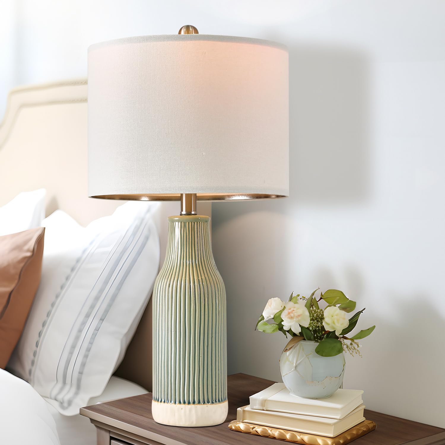 USumkky Modern Green Ceramic Table Lamp Set of 2, 23.75" for Living Room and Bedroom, Farmhouse Style, Model YM-AMZ-T1093LG