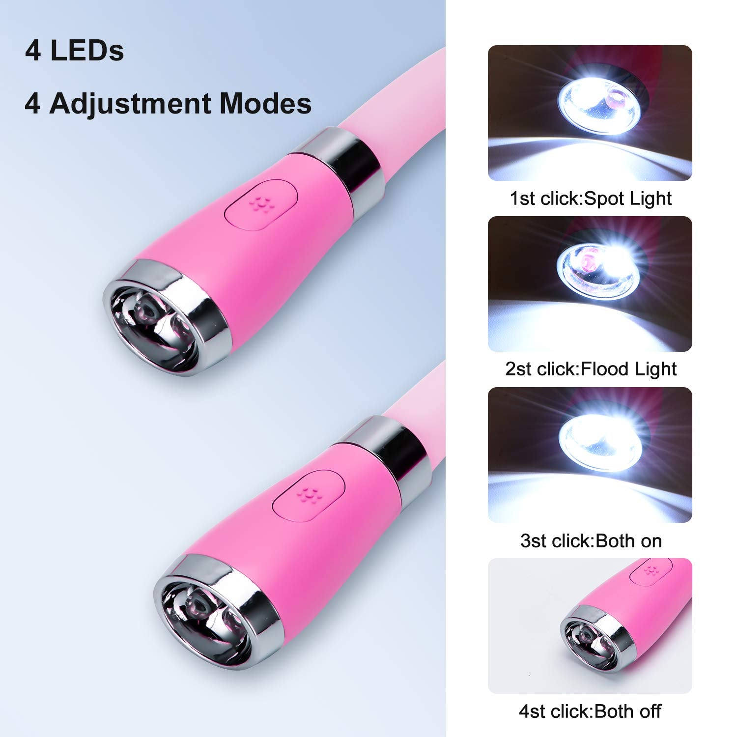 Tsingree Led Neck Book Light, Usb Rechargeable, 4 Bright Leds, 3 Brightness Levels, Pink