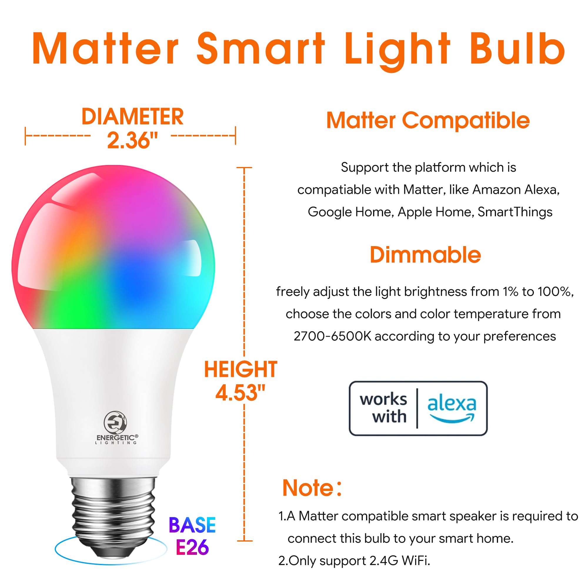 E ENERGETIC LIGHTING Smart A19 LED Light Bulbs, 60W Equivalent, 800LM, RGB, Multi-colored, 4 Count, Model YGA03C77-A19