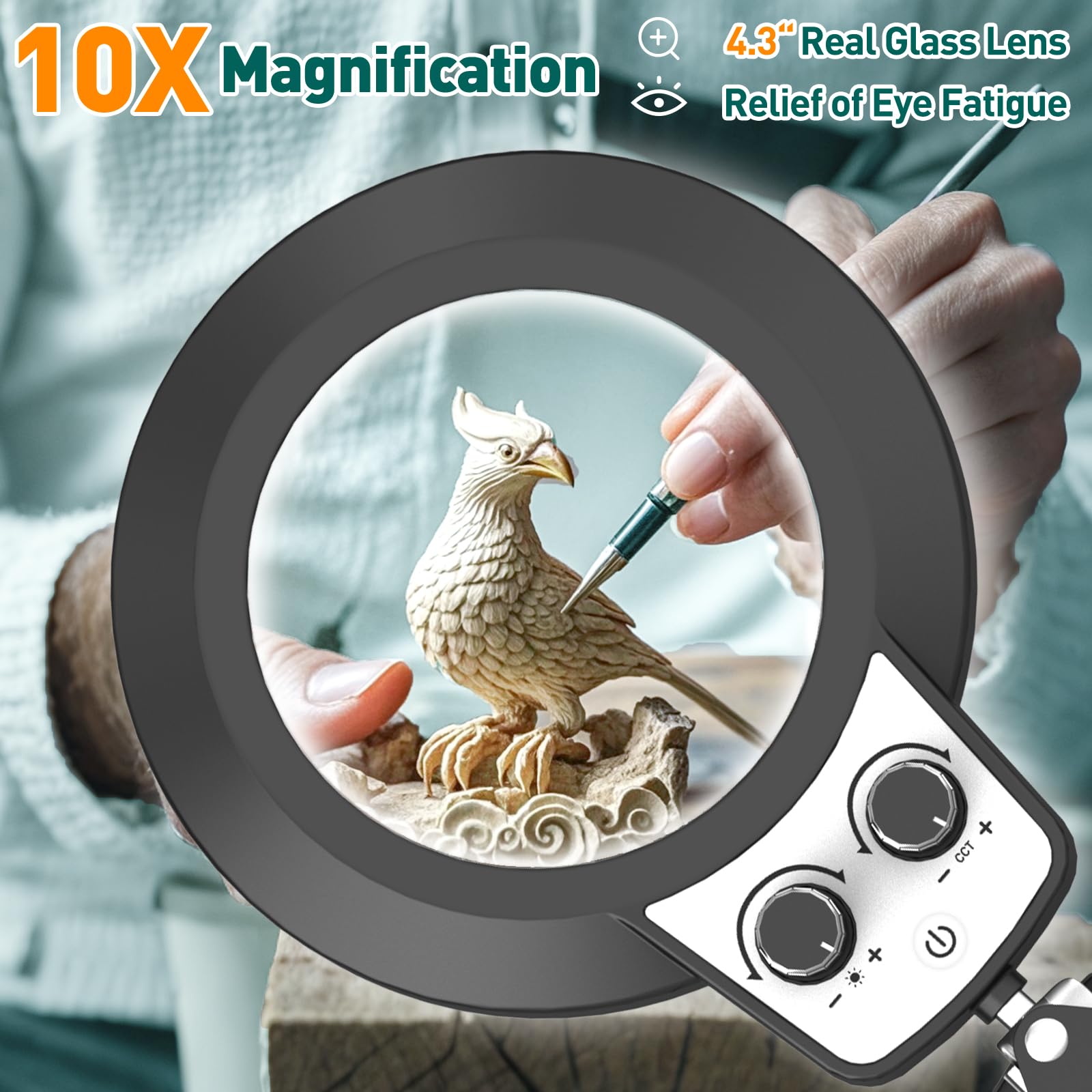 Kmdes 10X Magnifying Glass With Light And Stand, Upgraded Any Color Modes & Stepless Dimming Magnifying Lamp, 2-In-1 Hands Free