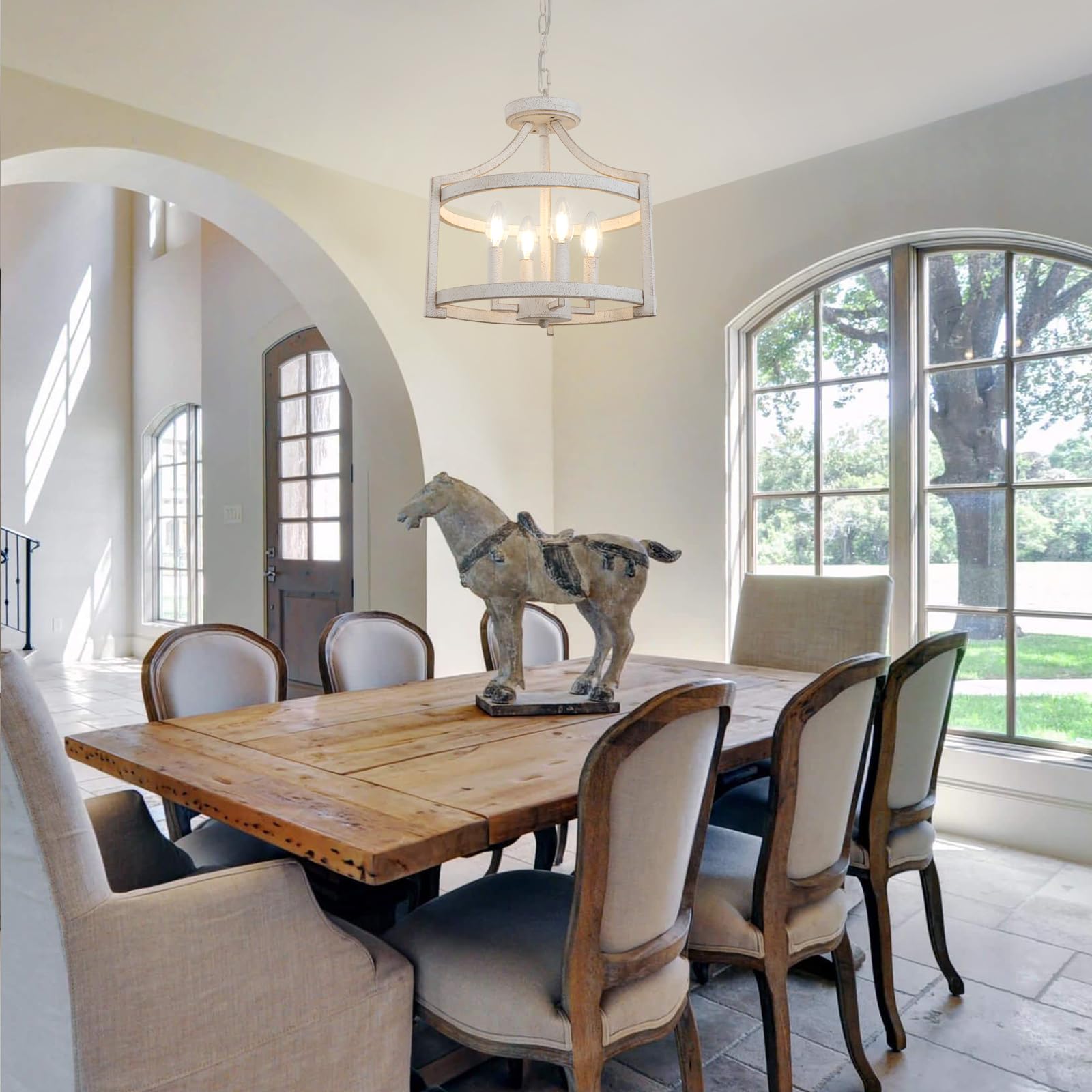 KMaiPem 4 Lights Vintage Farmhouse Chandelier, Antique White Metal Semi Flush Mount Pendant Light Fixture for Dining Room, Model D128004