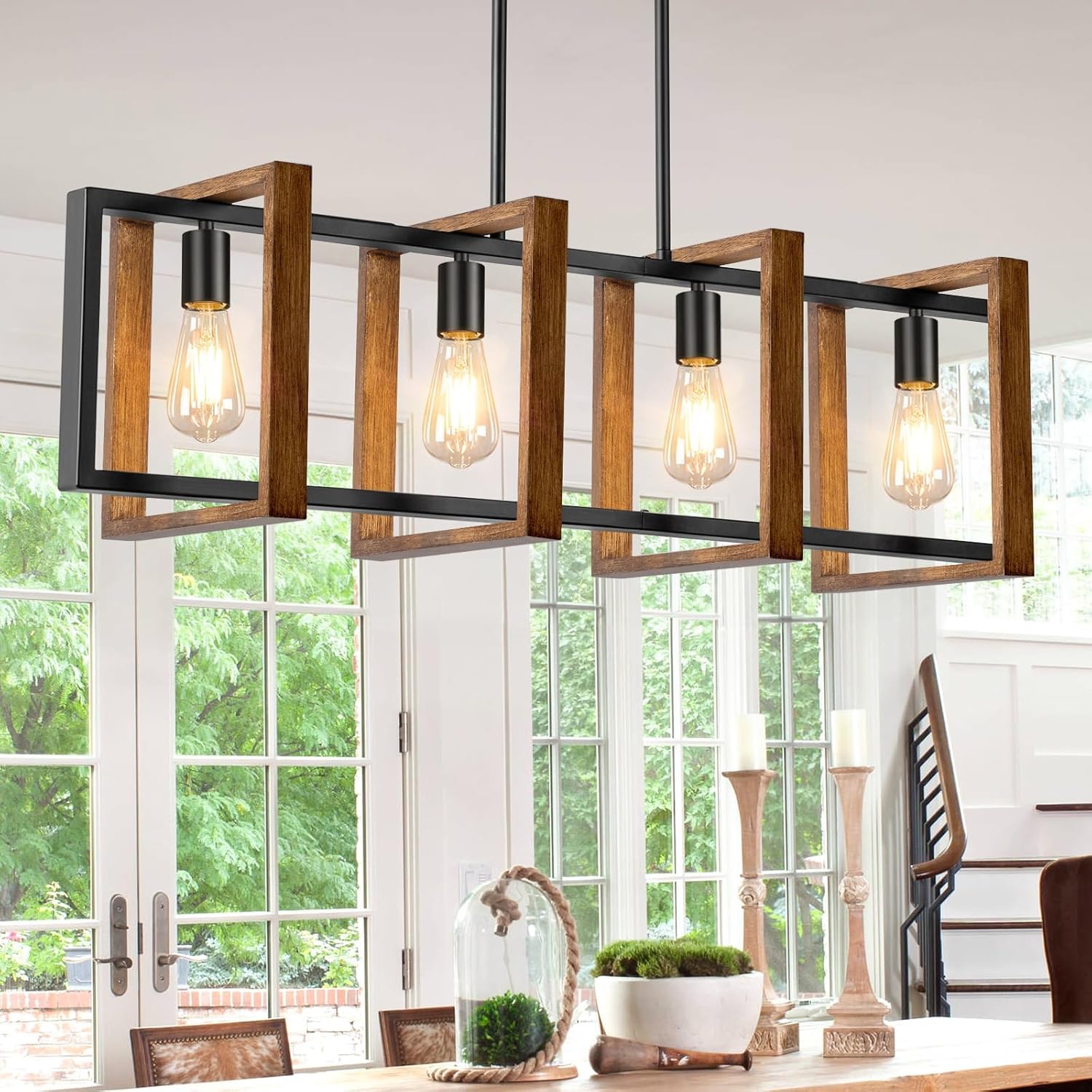 4 Lights Dining Room Light Fixture, Farmhouse Kitchen Island Lighting Wood and Black Metal Rectangular Hanging Chandelier for Ce