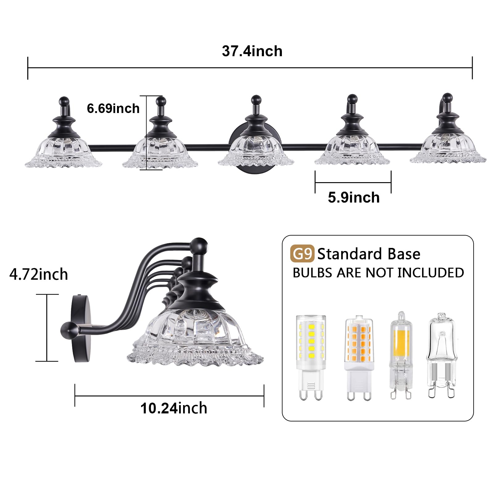 Xiedun 37.4'' 5 Light Vanity Light For Bathroom (Exclude G9 Bulb) Black Vanity Lights For Bathroom