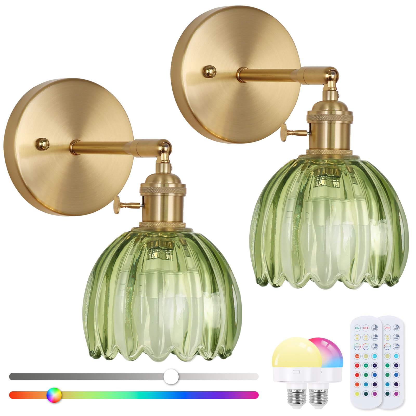 EIDEARAY Vintage Wall Sconce Set, Battery Operated, Metal, Tulip Green, Rechargeable with Remote Control, Model YLC-BRO3TB