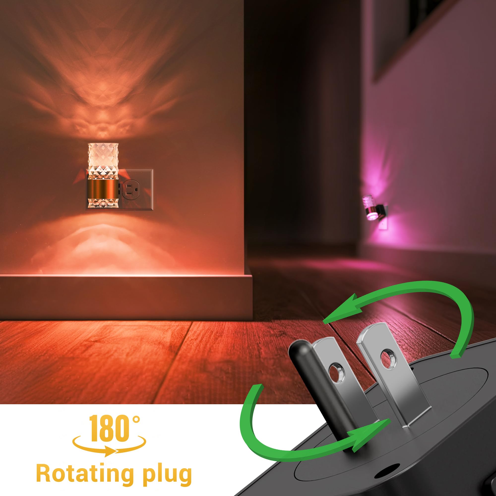 L LOHAS LED Night Light, 10-Color RGB, 10/50/100LM Adjustable, 2 Pack, Plug-in with Dusk to Dawn Sensor, Gold Ring-Chips RGB