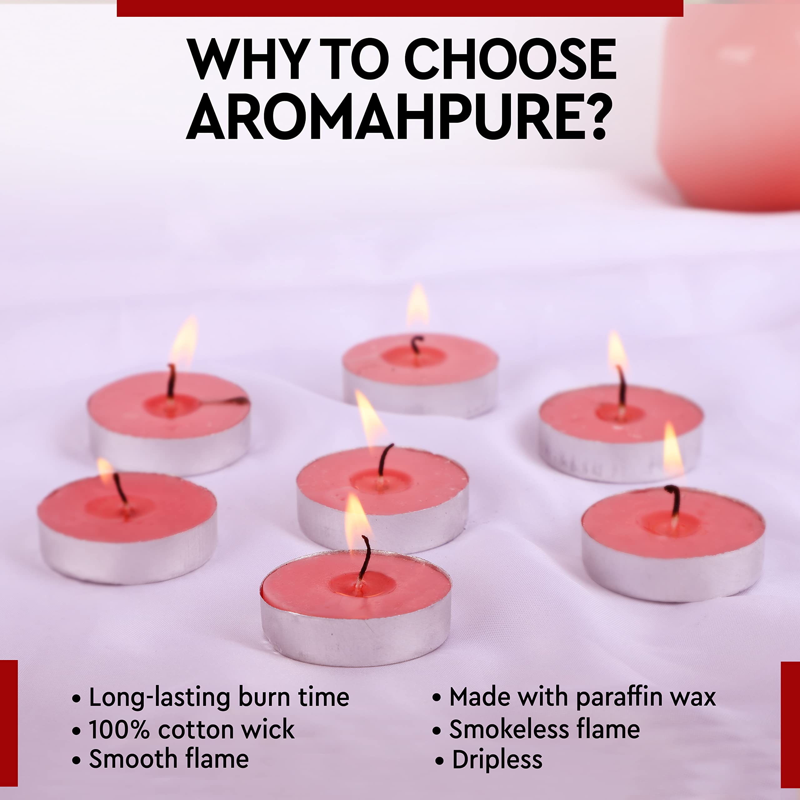 Aromahpure Scented Decorative Tealight Candles | Wax Tealight Candle | 10 gm, 100 Pcs | Bulgarian Rose Smokeless Candles | 3 Hou