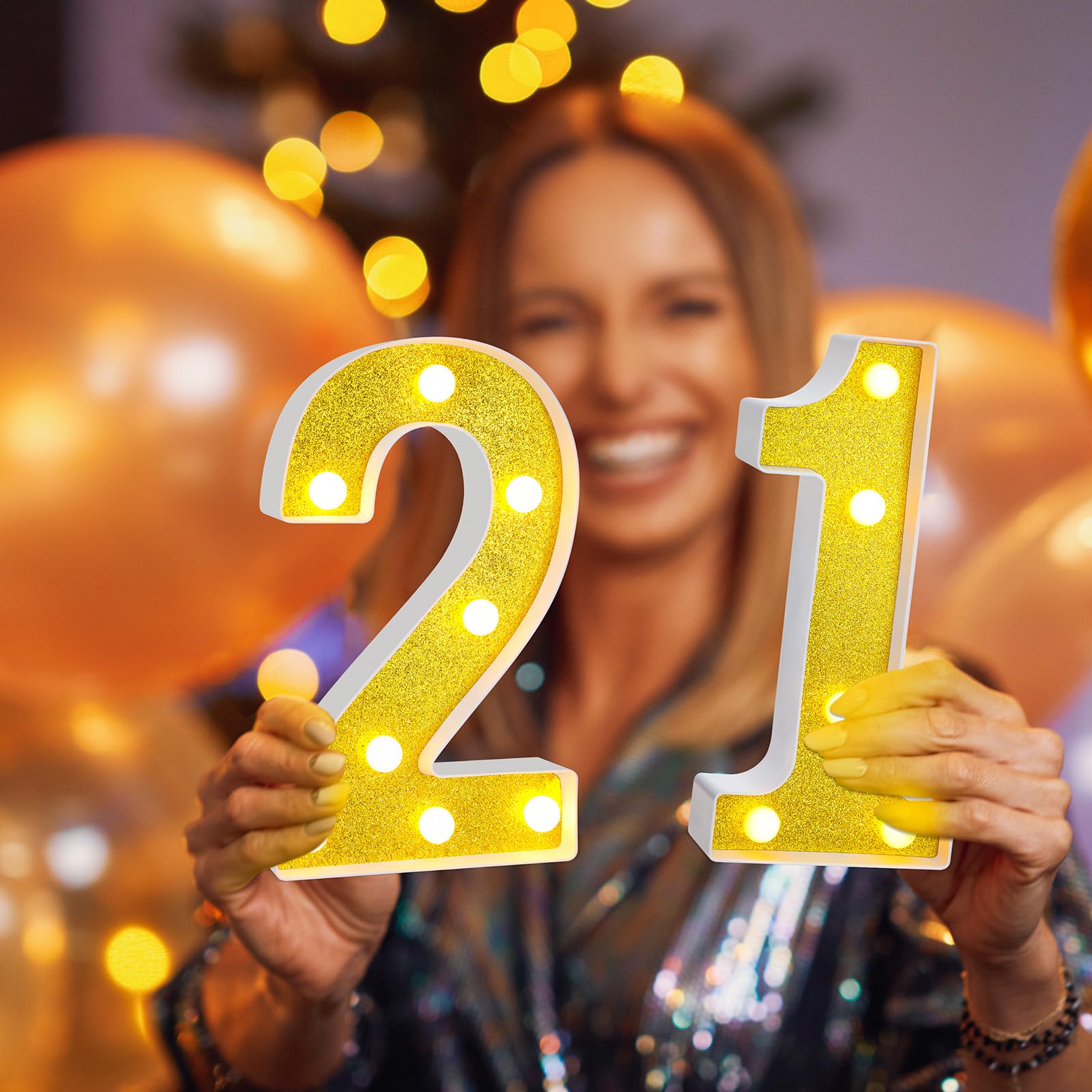 Treela LED Number Sign, 8.7in  Glitter Marquee for Birthday Party Decorations, 21st Size, Gold, PP Material