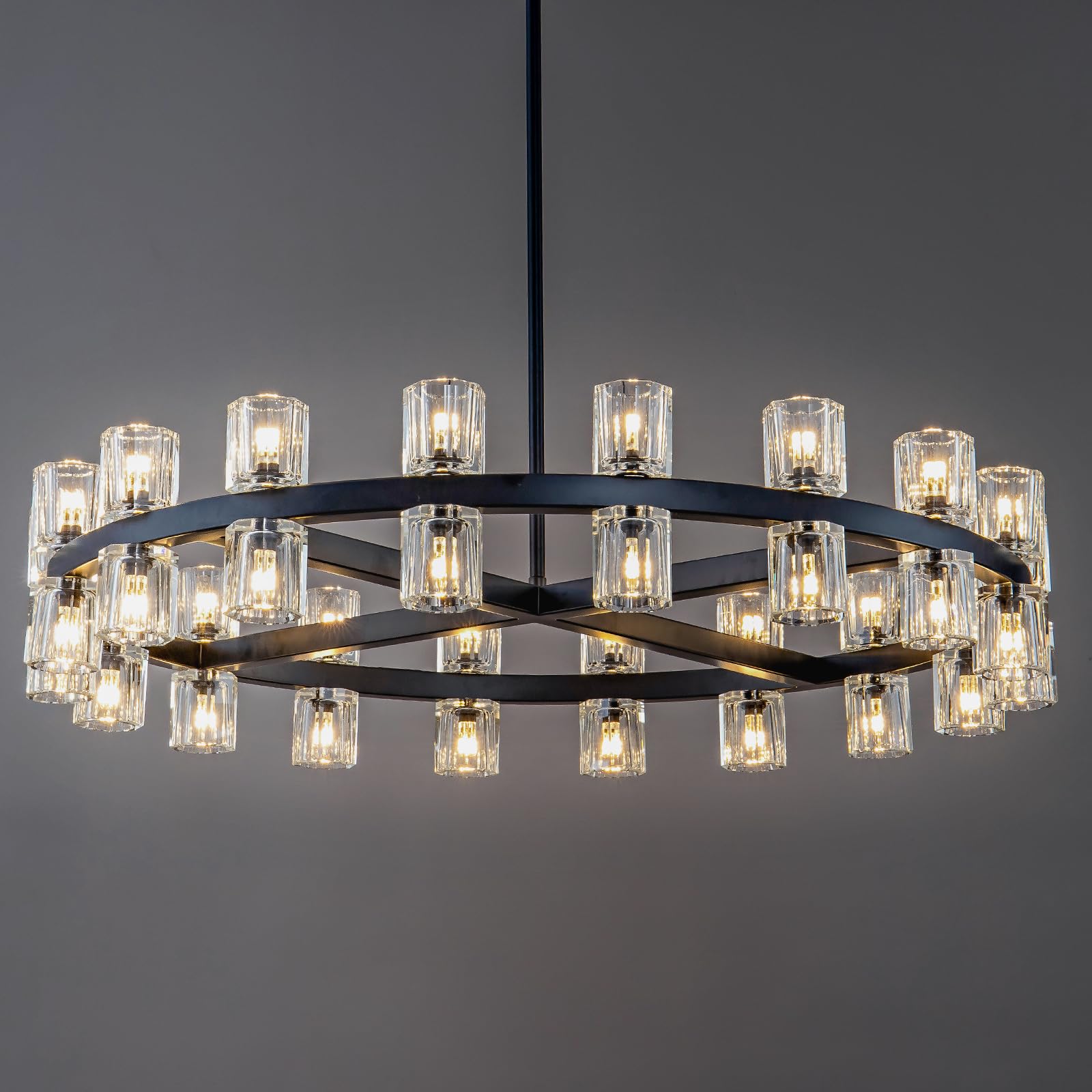 Plsintly Modern Black Crystal Chandelier,36'' K9 Crystal Chandeliers For Dining Room Over Table,Wagon Wheel Chandeliers For Dini
