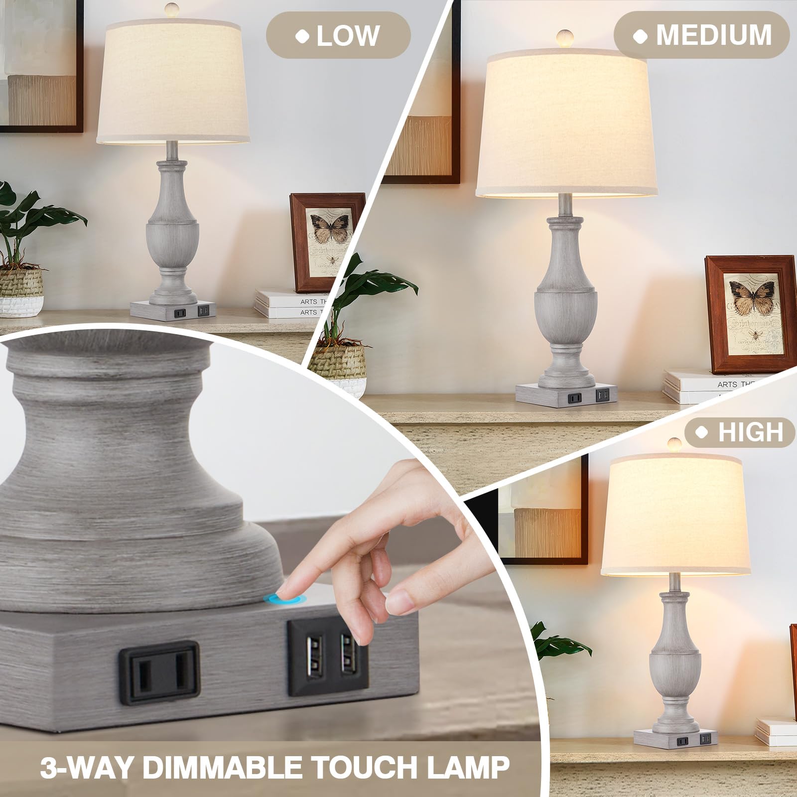 Farmhouse Table Lamps Set Of 2, Rustic 25'' Touch Control Bedside Lamps With 2 Usb Ports & Ac Outlet, Vintage 3-Way Dimmable Nig