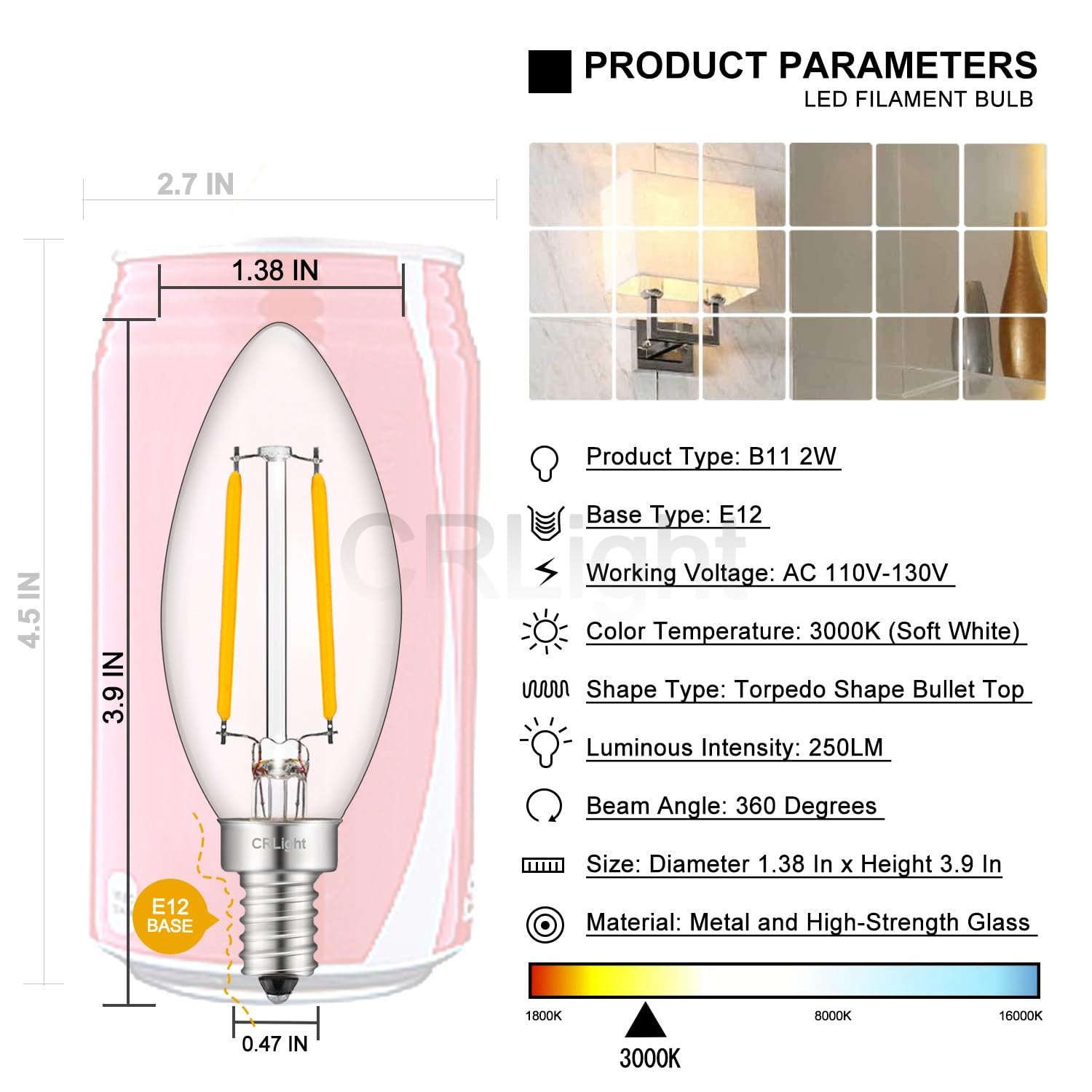 CRLight LED Candelabra Bulb 2W Filament, Soft White 3000K, E12, 250 Lumens, 12 Pack, Clear Glass