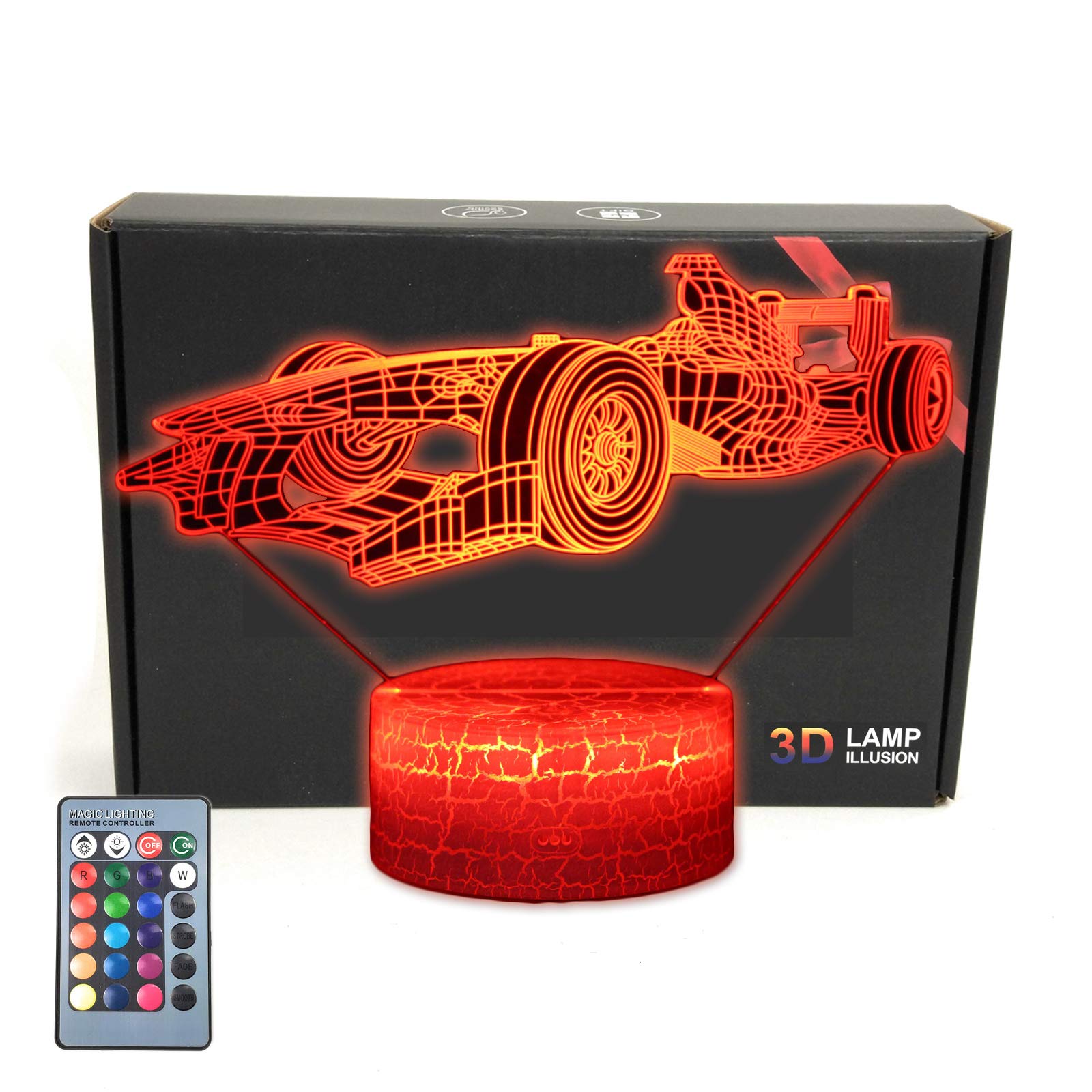 MARZIUS 3D Race Sports Car Illusion Night Light - Roadster-Shaped LED Table Lamp with 16 Colors & Remote Control - Gift for Kids
