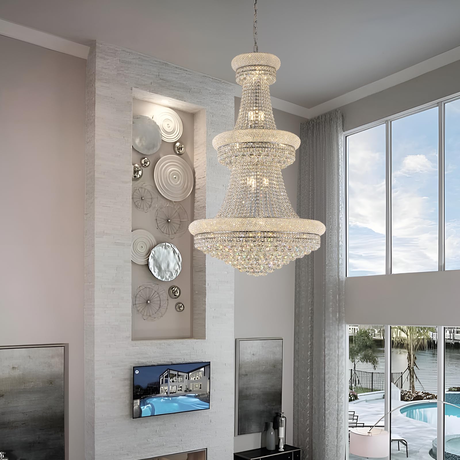 Homeooze 31 - Light Large Empire Crystal Chandelier For High Ceiling Foyer Entryway Staircase Living Room Dining Room Chrome Fin