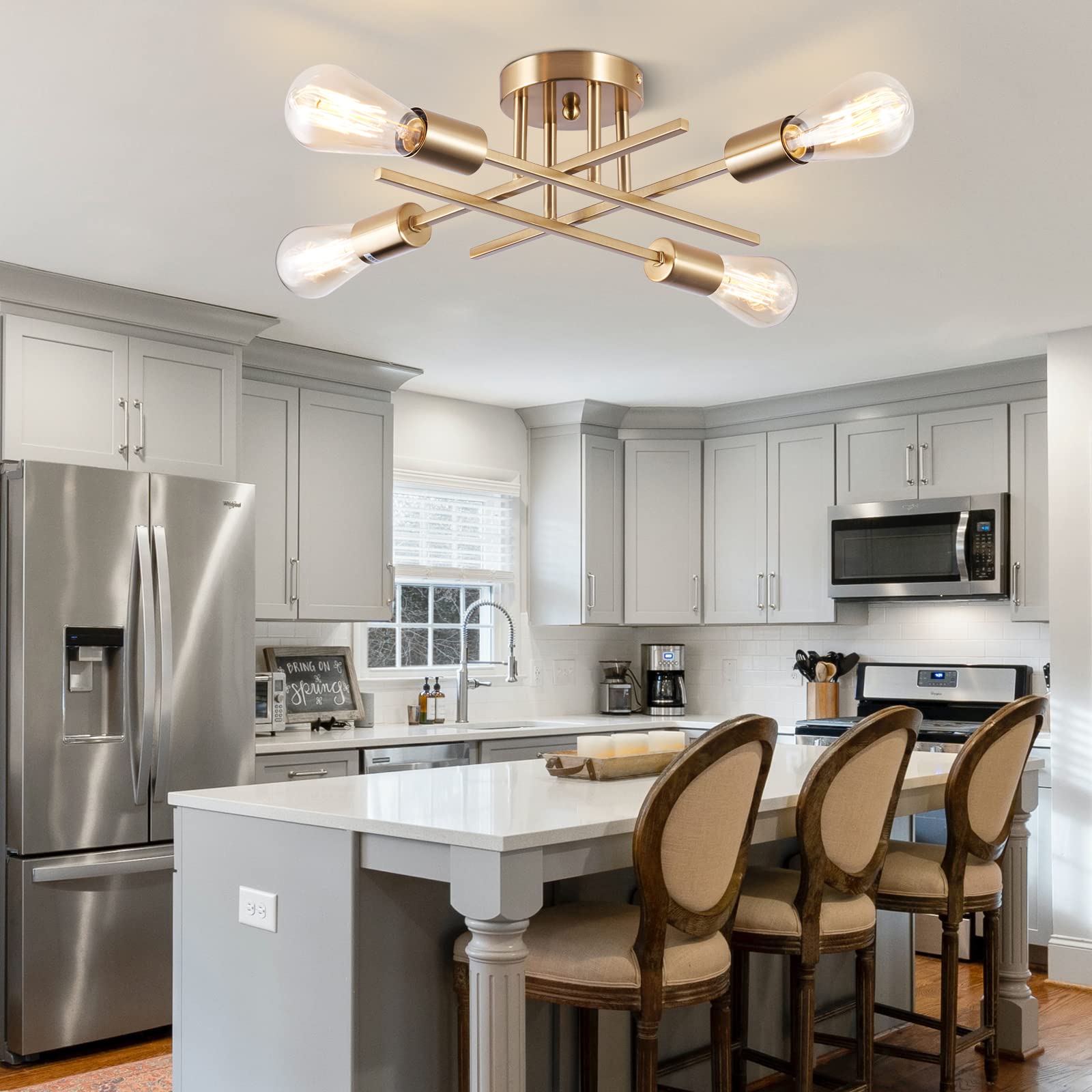 Brknit Sputnik Chandeliers, 4-Light Brass Semi Flush Mount Ceiling Light, Mid Century Industrial