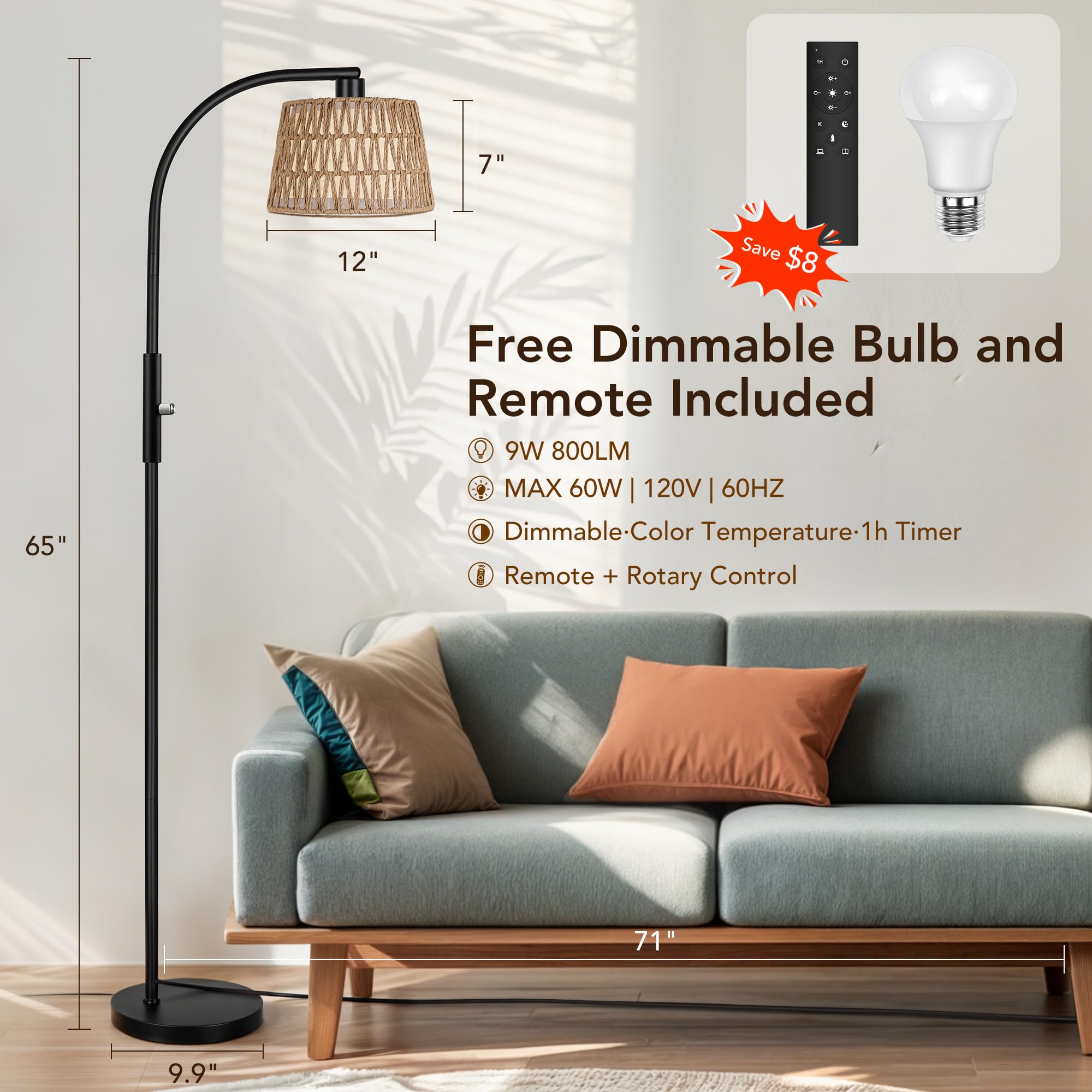 Rottogoon Arc Rattan Floor Lamps For Living Room With 3 Color Temperatures, Boho Floor Lamps With Remote & Dimmable Bulbs, Bohem