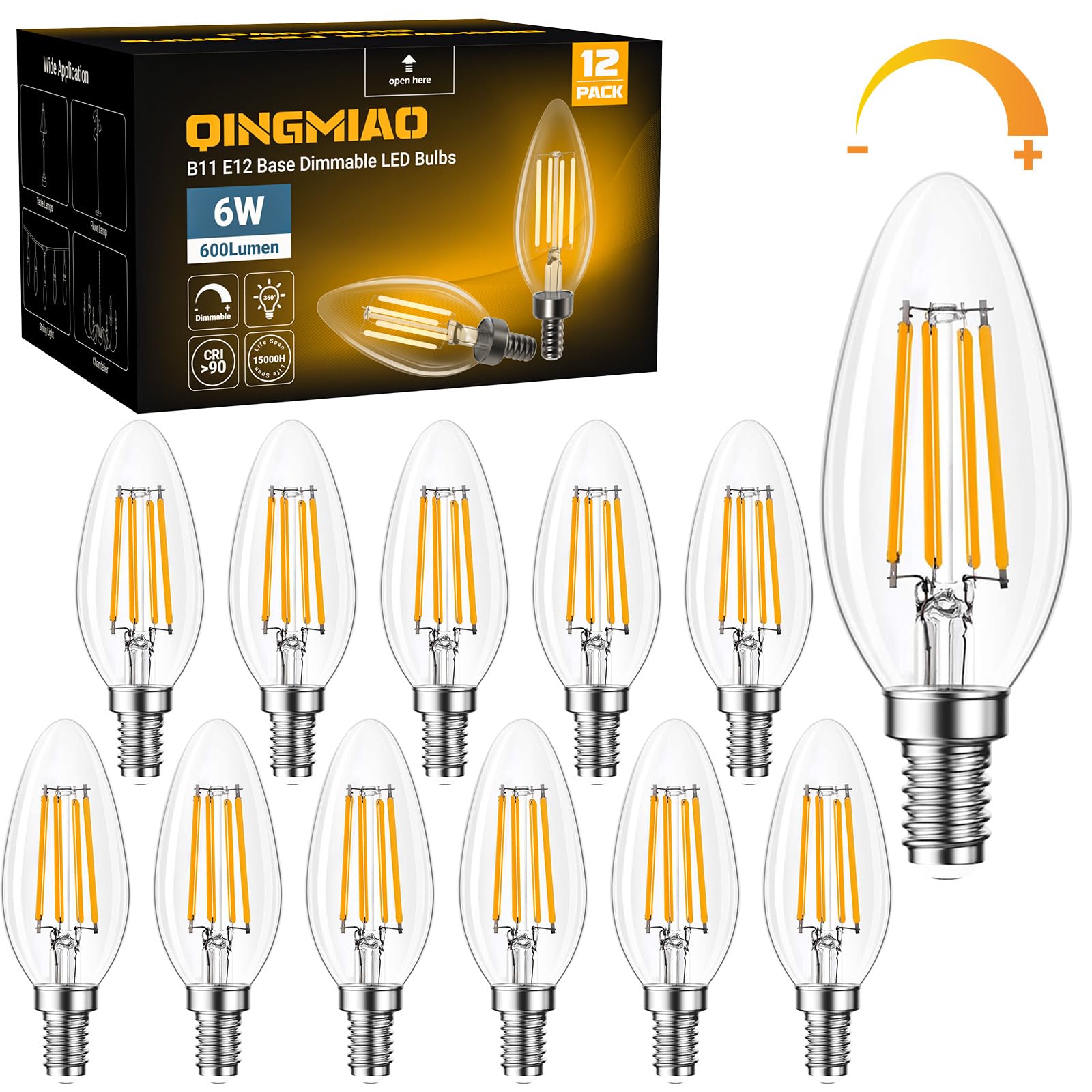 Qingmiao B11 E12 Led Candelabra Bulbs Dimmable 6W(60 Watt Equivalent), Chandelier Light Bulbs 600Lm, 3000K Soft White, Ceiling F