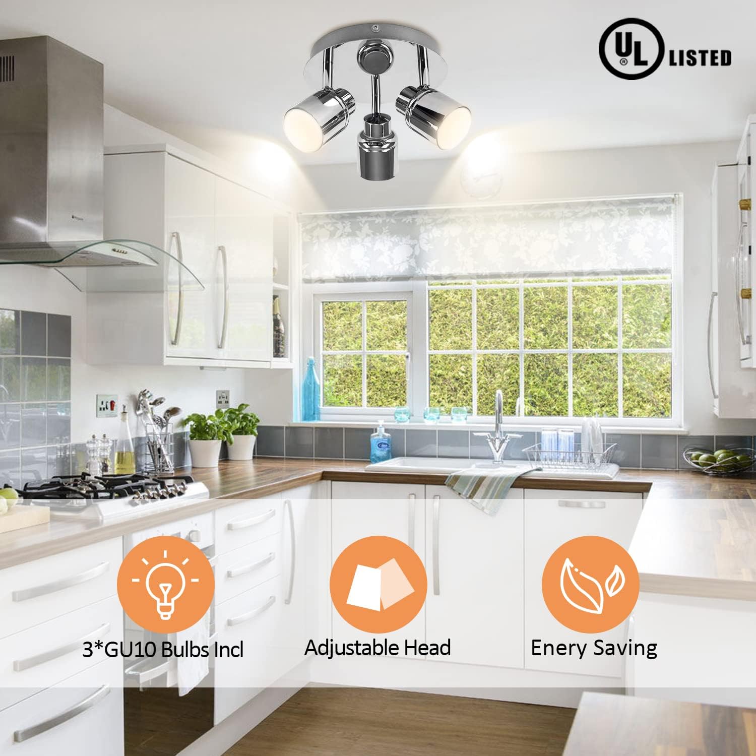 DLLT Modern 3-Light Multi-Directional Ceiling Fixture, Adjustable Round Track Lighting Kits, GU10 LED Bulb Flush Mount Ceiling S