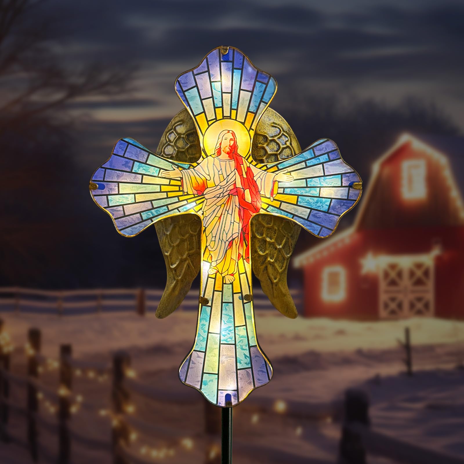 Solar Jesus Cross for Gemetery Graver Golden Angel Wings Grave Decorations for Cemetery Sympathy Memorial Gifts Christmas Yard Decor Outdoor