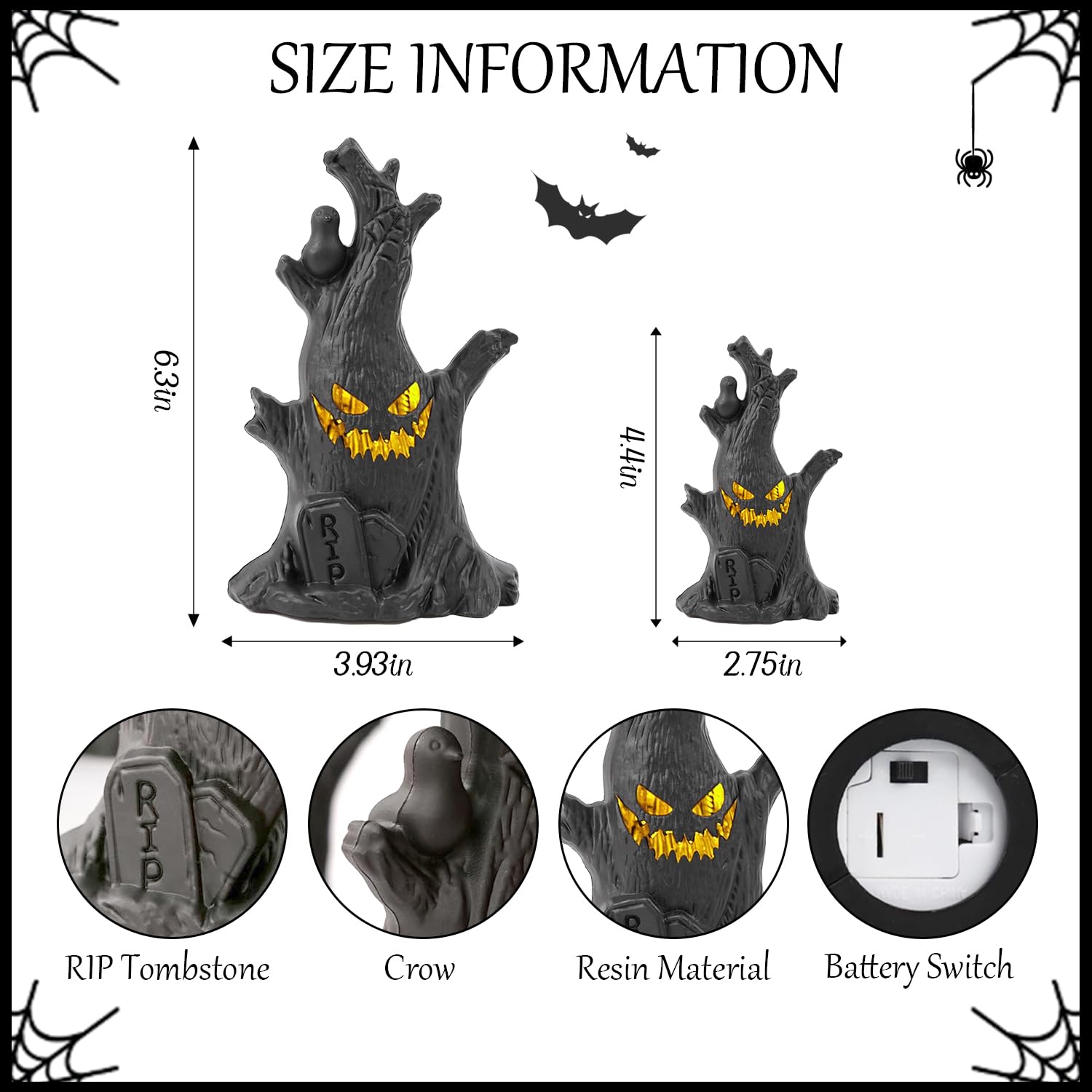 Lifnatty Halloween Tree Lights Decorations - 2 Pack, Battery Operated, Black Resin, Haunted Tree with Glowing Eyes