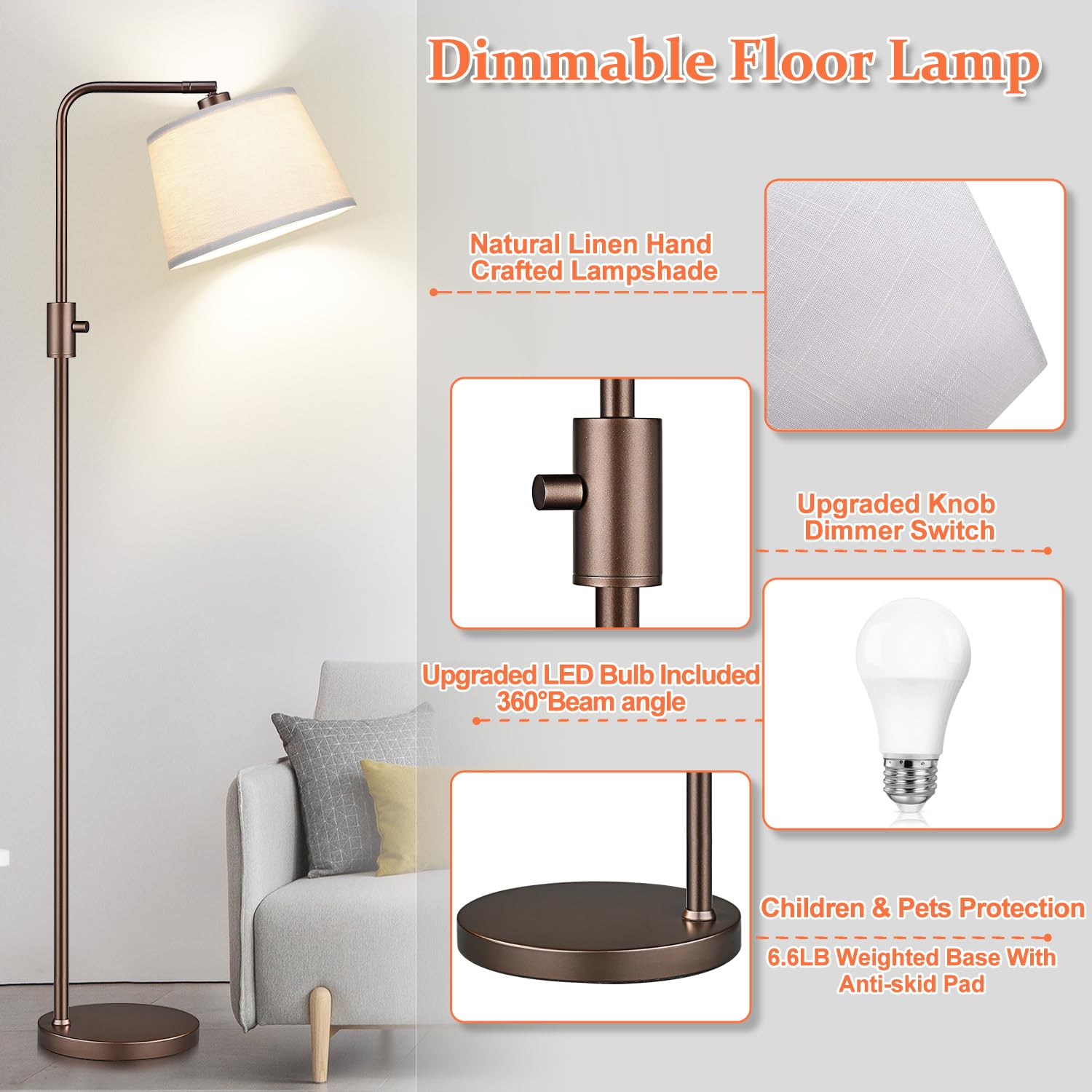 Nintiue Arc Floor Lamp with Dimmable 1000 LM LED Edison Bulb - Modern Brown Metal Standing Lamp for Living Room or Bedroom - Model FL16886