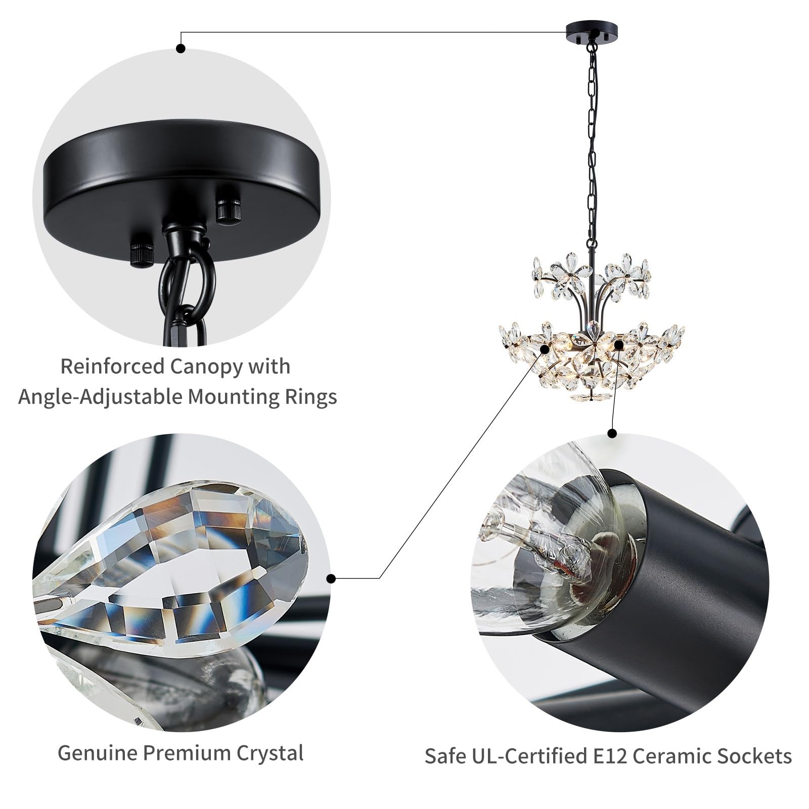 WUZUPS Crystal Chandelier Pendant Light, 15.7in H x 17.7in W, Black, 6 Lights, Metal, Model USHD90013P-B