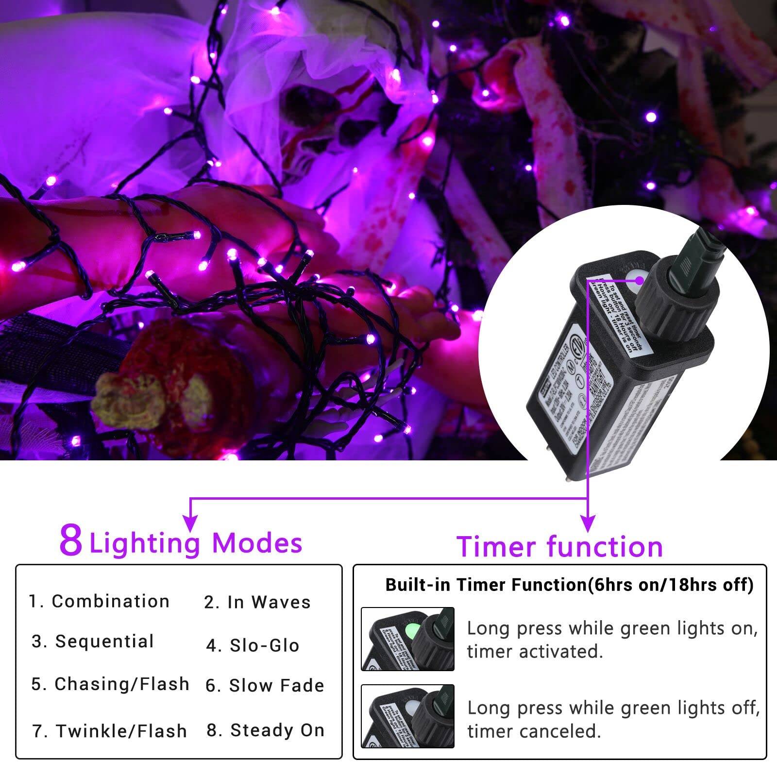 Jnaurb Purple Halloween String Lights, 300 LED, 114ft, Waterproof, 8 Modes, Indoor/Outdoor Decorations, Model JT-ELFC300V0200-C