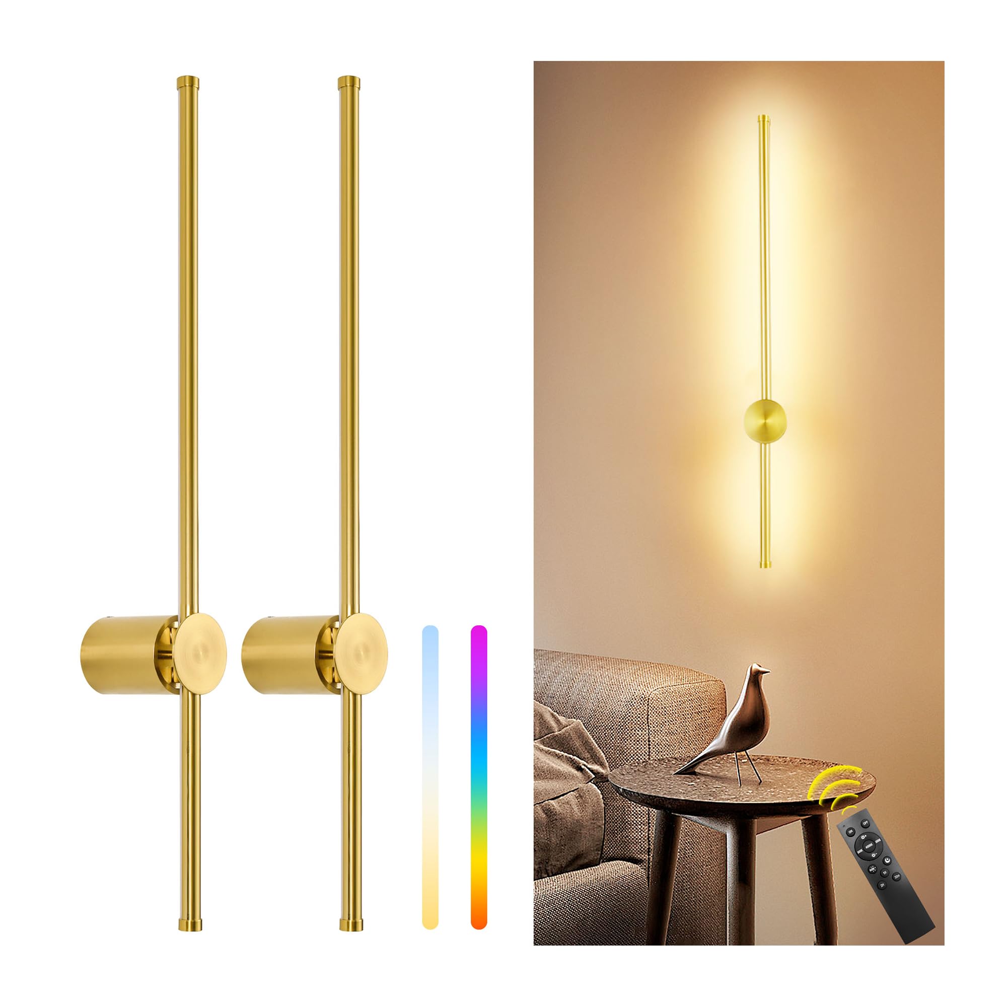 GOODATE 23.6in Battery Operated Wall Sconces Set of Two, Dimmable LED, Remote Control, Gold, 12000mAh, Model DC-CGZ