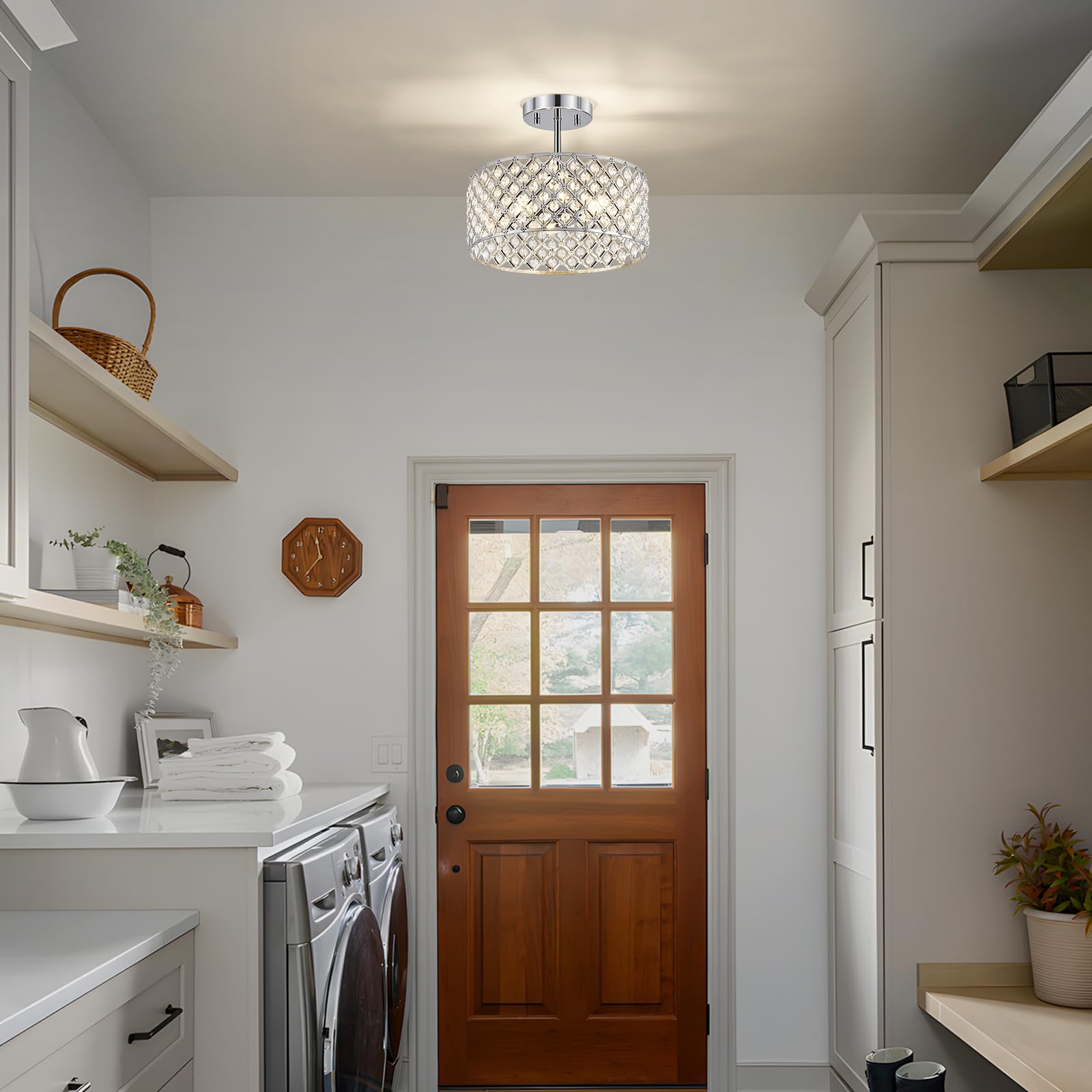 Bzvesr Chrome Crystal Ceiling Light Fixture Modern Semi Flush Mount Ceiling Lighting Fixture Round Small Chandelier For Dining Room  Hallway  Entryway  Kitchen  Bedroom Foyer 3 Light 12 Inch