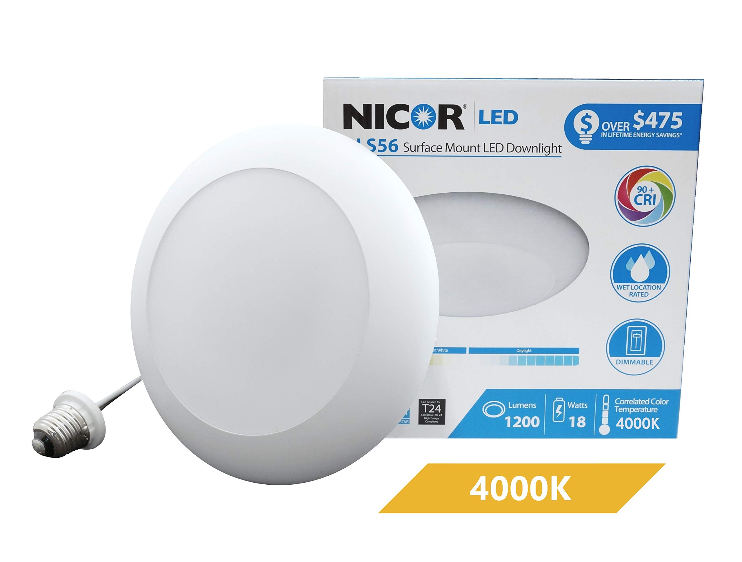 NICOR Lighting 5/6-Inch Dimmable 1200-Lumen 4000K LED Surface Mount Retrofit Kit, White Trim (DLS56-3012-120-4K-WH)