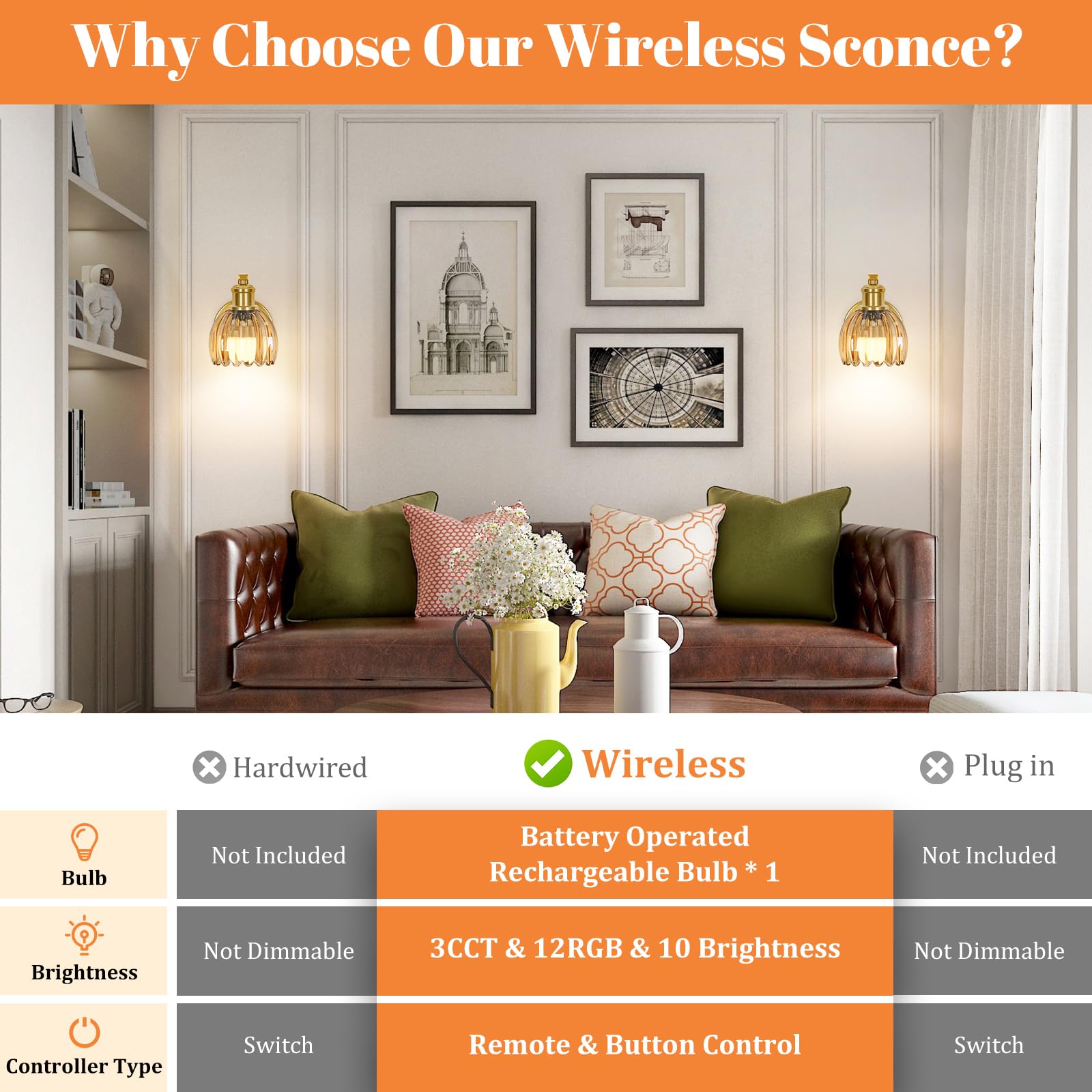 VerRon Wall Sconce, Rechargeable Battery Operated, Amber Glass, Wireless with Remote Control, 1-Pack, Gold, Model B05092P