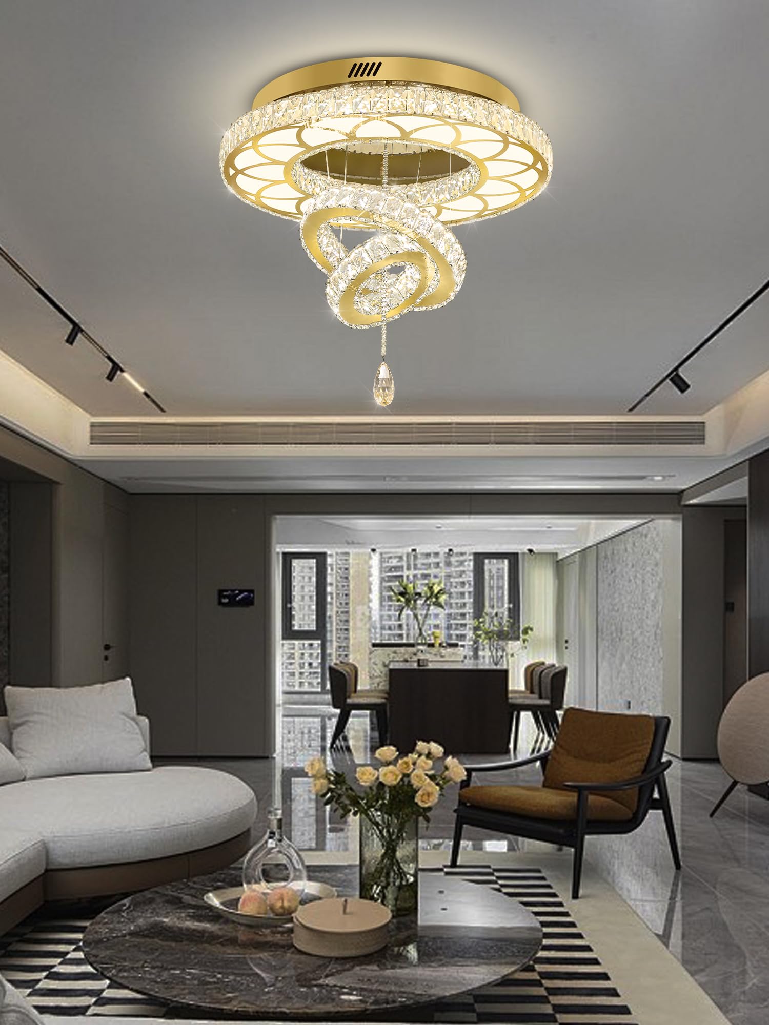Flashing God Dia 24'' Crystal Chandelier Modern Ceiling Light Fixture Lamp Raindrop Flush Mount Round Chandelier For Dining Room