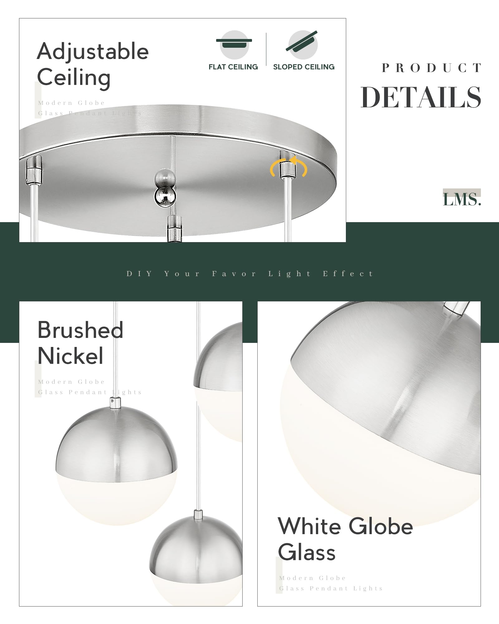 Lms Modern Brushed Nickel 3-Light Cluster Pendant Lights, Mid Century Pendant Lighting With White Globe Glass Shade, Adjustable